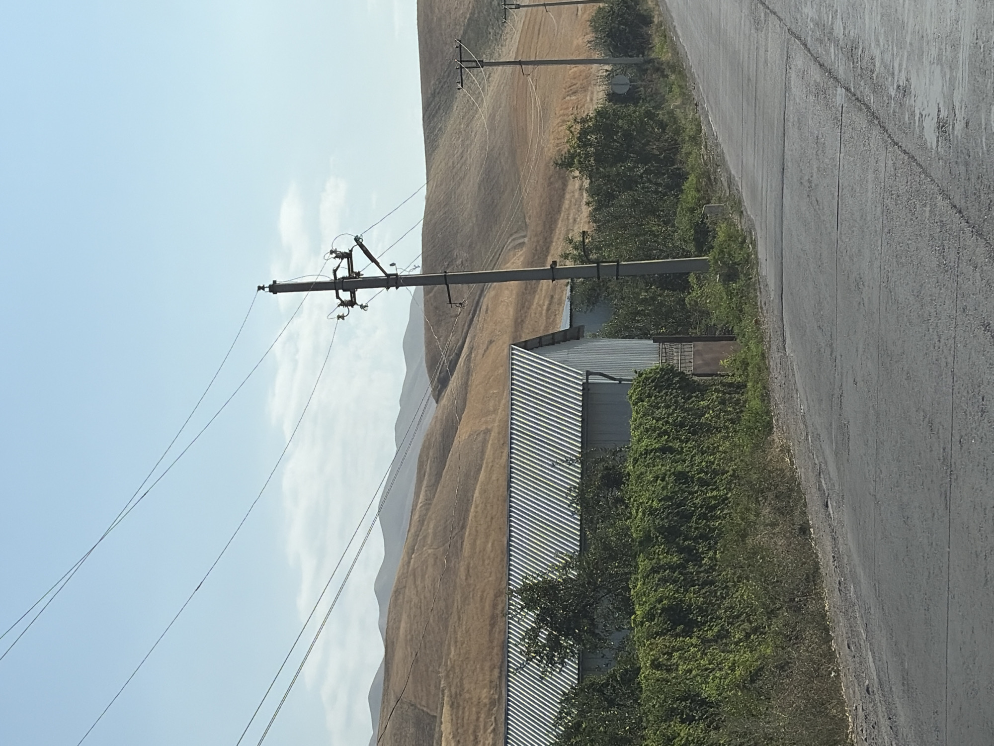 An outdoor, medium-shot, eye-level, vertical, full-color, daytime, natural-light photograph depicts a rural scene with rolling hills in the background and a road in the foreground. The hills are covered with dry, golden-brown vegetation, indicative of a dry climate. A corrugated metal building with a pitched roof is visible on the left side of the frame, partially obscured by dense green ivy and other foliage. Multiple power lines crisscross the scene, supported by concrete utility poles. The road in the foreground is asphalt, with visible patches and seams. The sky is a clear, pale blue with a few wispy clouds. No people or animals are present in the image. The overall impression is one of a quiet, undeveloped rural landscape.
