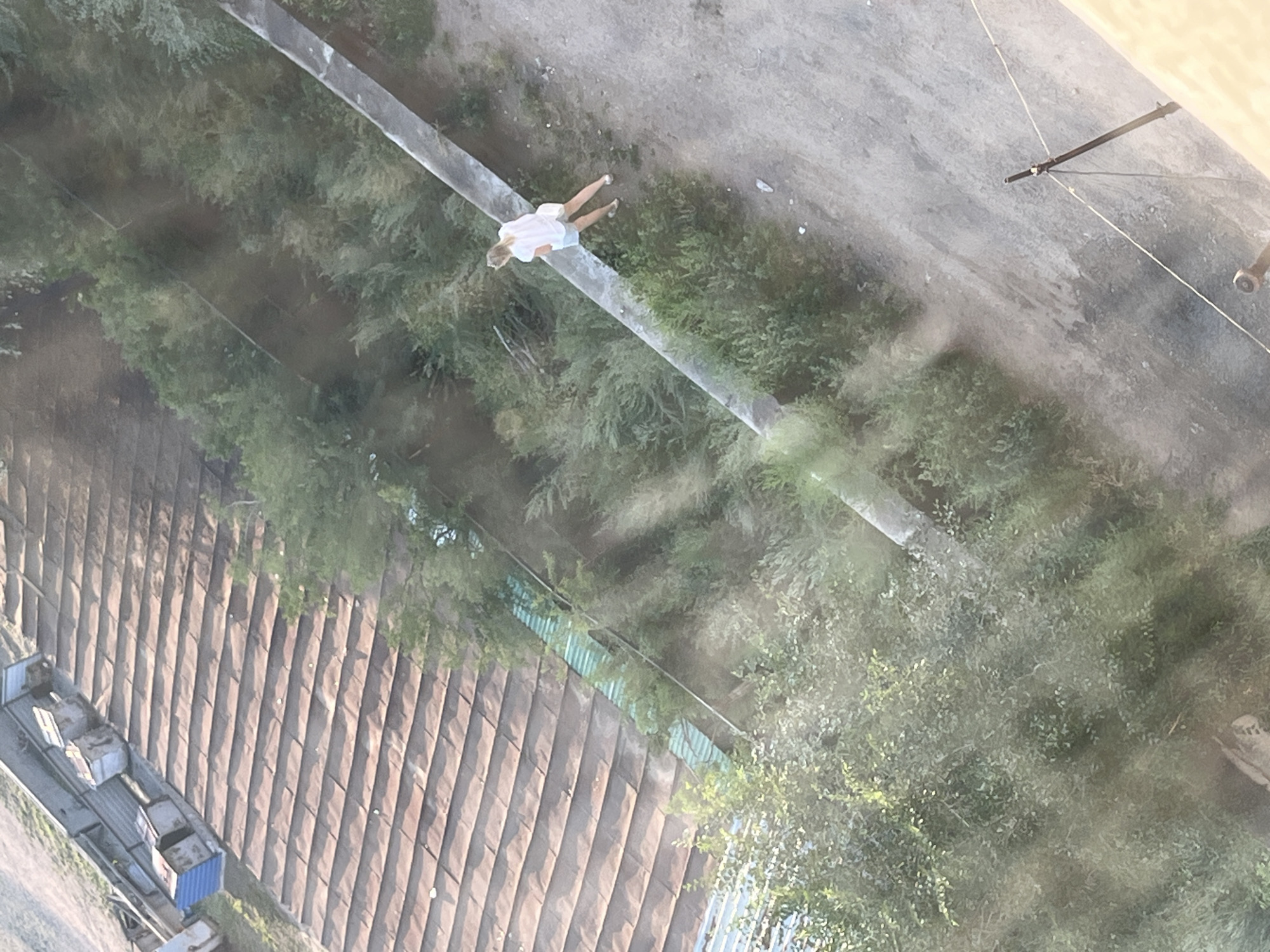 An aerial, angled shot shows a person standing on a concrete ledge overlooking a patch of greenery and a dusty ground area. The person, a woman, is wearing a white shirt and light-colored shorts and is facing away from the camera. She has a white bag slung over her shoulder. To the left of the concrete ledge, there is dense green foliage. To the right, the ground appears to be unpaved and somewhat dusty. In the background, there is a sloped, brown-tiled roof, possibly of a building. The scene is captured outdoors, with the lighting suggesting it might be daytime. The image is slightly hazy, possibly due to the viewing angle or atmospheric conditions.
