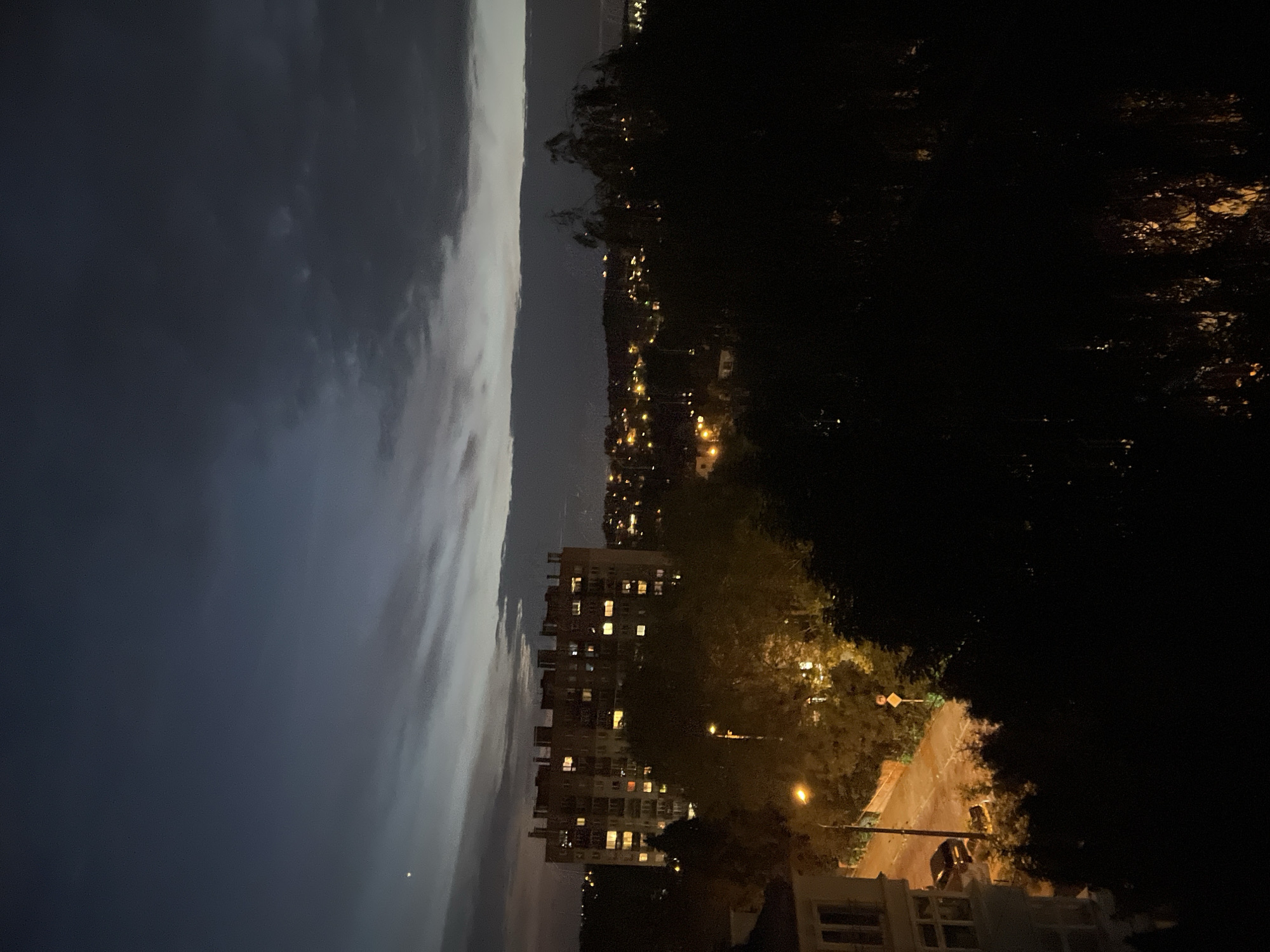 The image depicts a twilight cityscape in an unknown location. A large, multi-story apartment building with numerous lit windows stands prominently in the mid-ground. In the foreground, dense, dark foliage obscures the lower portion of the scene, with hints of streetlights and trees visible. Beyond the apartment building, a hilly landscape is dotted with more lights, suggesting a spread of residential or urban development. The sky is a deep blue-gray, with scattered clouds and a faint crescent moon or bright star visible in the upper left quadrant. A street with a parked car and a streetlamp is partially visible on the left side of the frame.