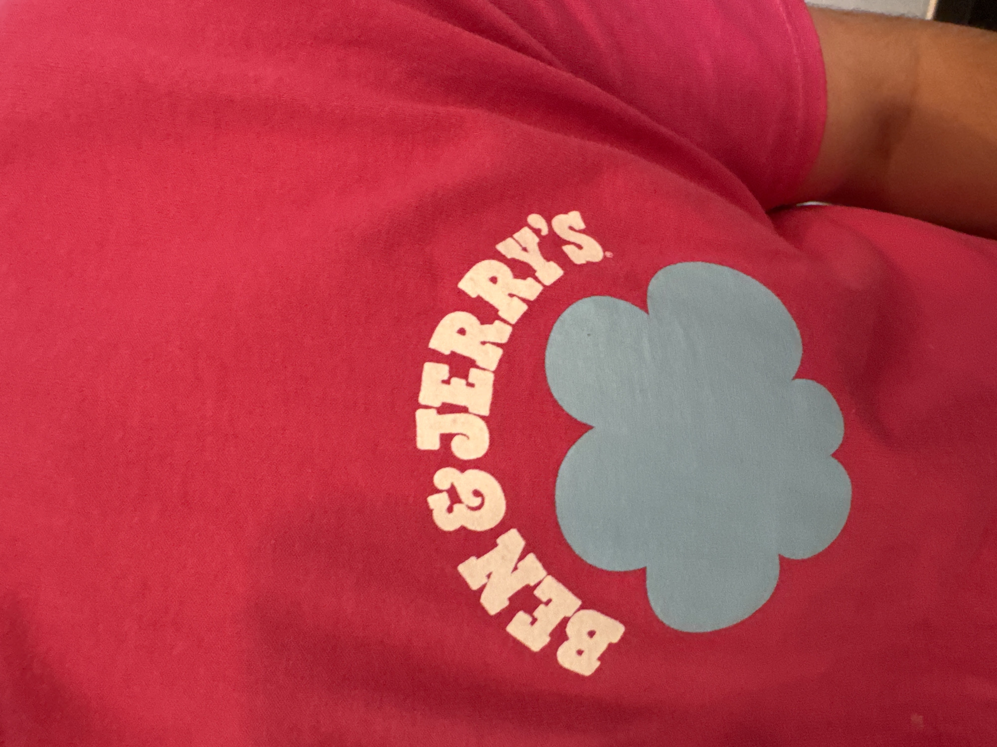 A close-up shot shows a pink t-shirt with the "Ben & Jerry's" logo on it. The logo consists of the text "BEN & JERRY'S" in white, curved around a light blue flower-like shape. The t-shirt appears to be worn by someone, as part of their shoulder is visible in the upper right corner of the frame. The location or the city of Provincetown, United States of America, cannot be determined from the image.