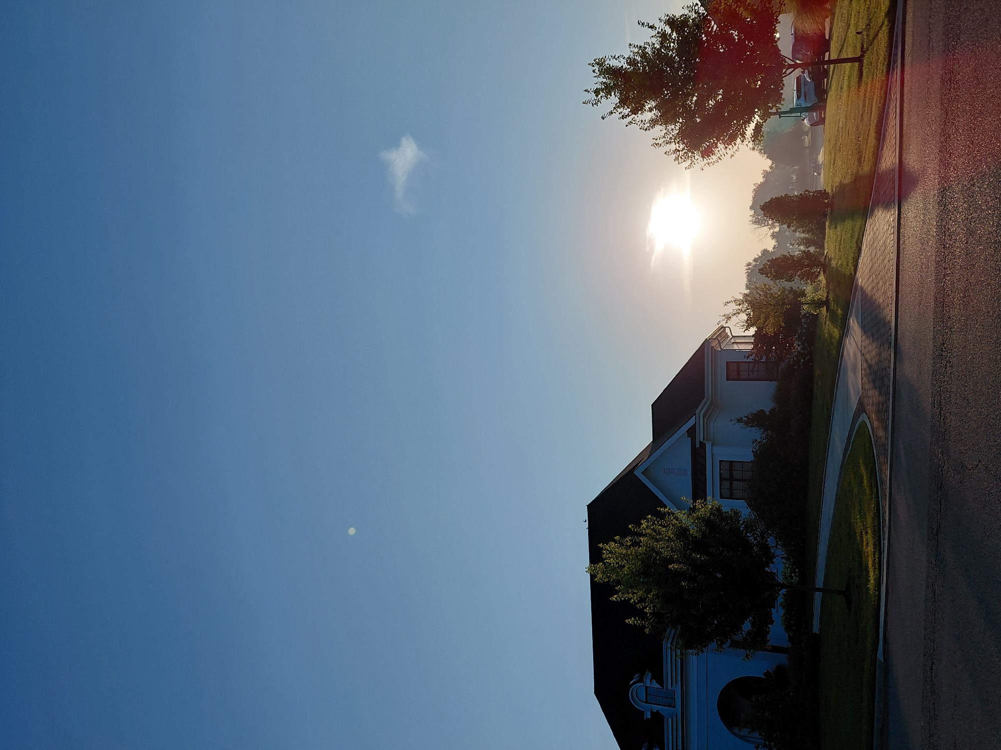 The image depicts a residential street in Nicholasville, United States, at dawn or dusk. A large, modern house with white siding and dark rooflines is visible on the left. A paved driveway curves from the street towards the house. Several trees are scattered across the property, some of which are illuminated by the low-angle sunlight. The sun is low on the horizon, casting long shadows and creating a bright glow. The sky is clear and blue, with a few wispy clouds. The overall scene conveys a sense of tranquility and a suburban setting. There are no people or animals visible in the image.