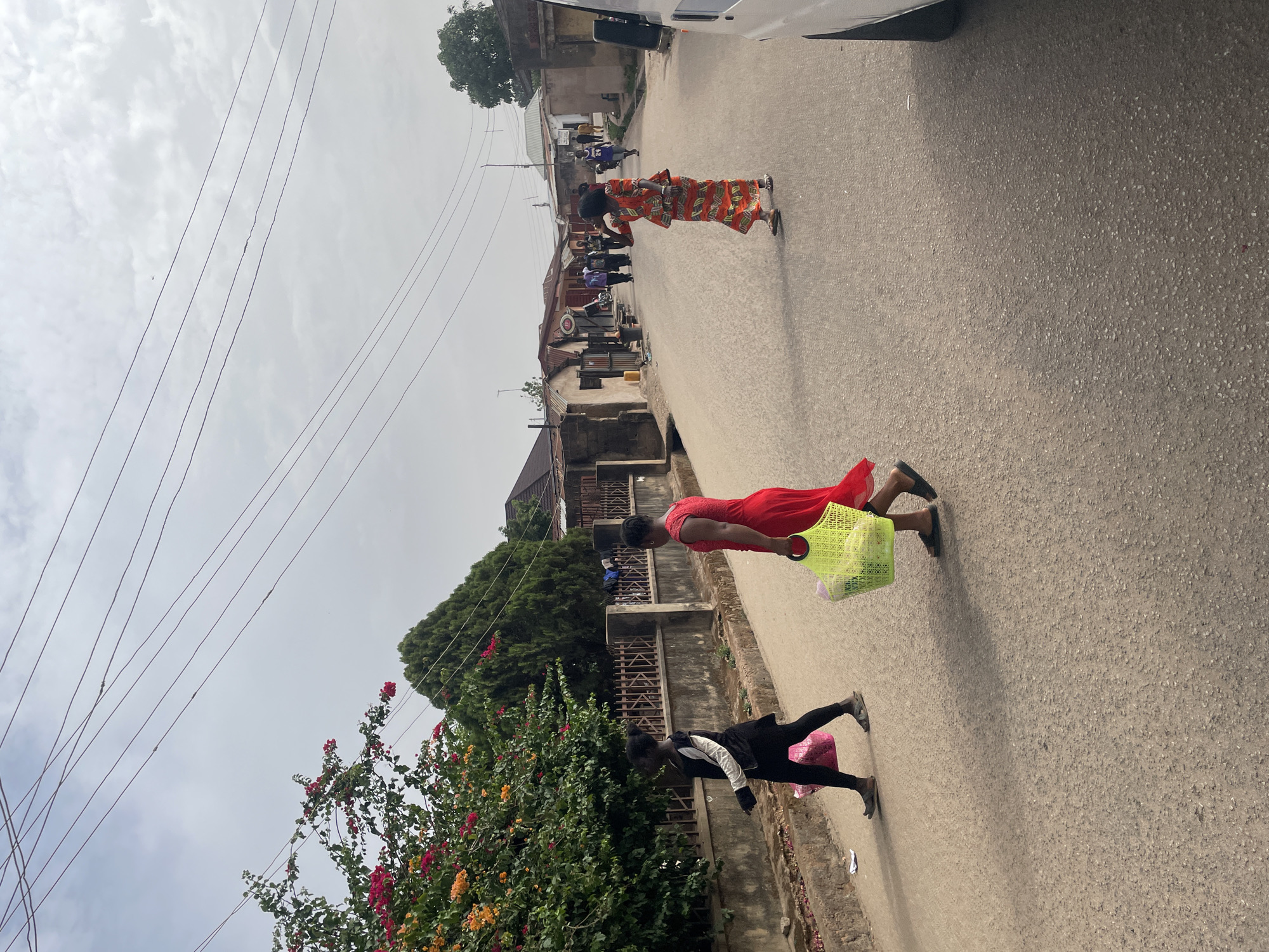 The image depicts a street scene in Jos, Nigeria. The street is paved and has power lines overhead. On the left side of the image, there's a vibrant bush with pink, orange, and red flowers. There are several individuals walking on the street. One woman is wearing a red dress and carrying a yellow net shopping bag. Another person is wearing a black jacket and leggings and appears to be carrying a pink bag. Further down the street, a woman in an orange patterned dress is visible, and a group of people stand near a building. Buildings line the right side of the street. A partial view of a white vehicle is visible at the top right corner. The sky is overcast.