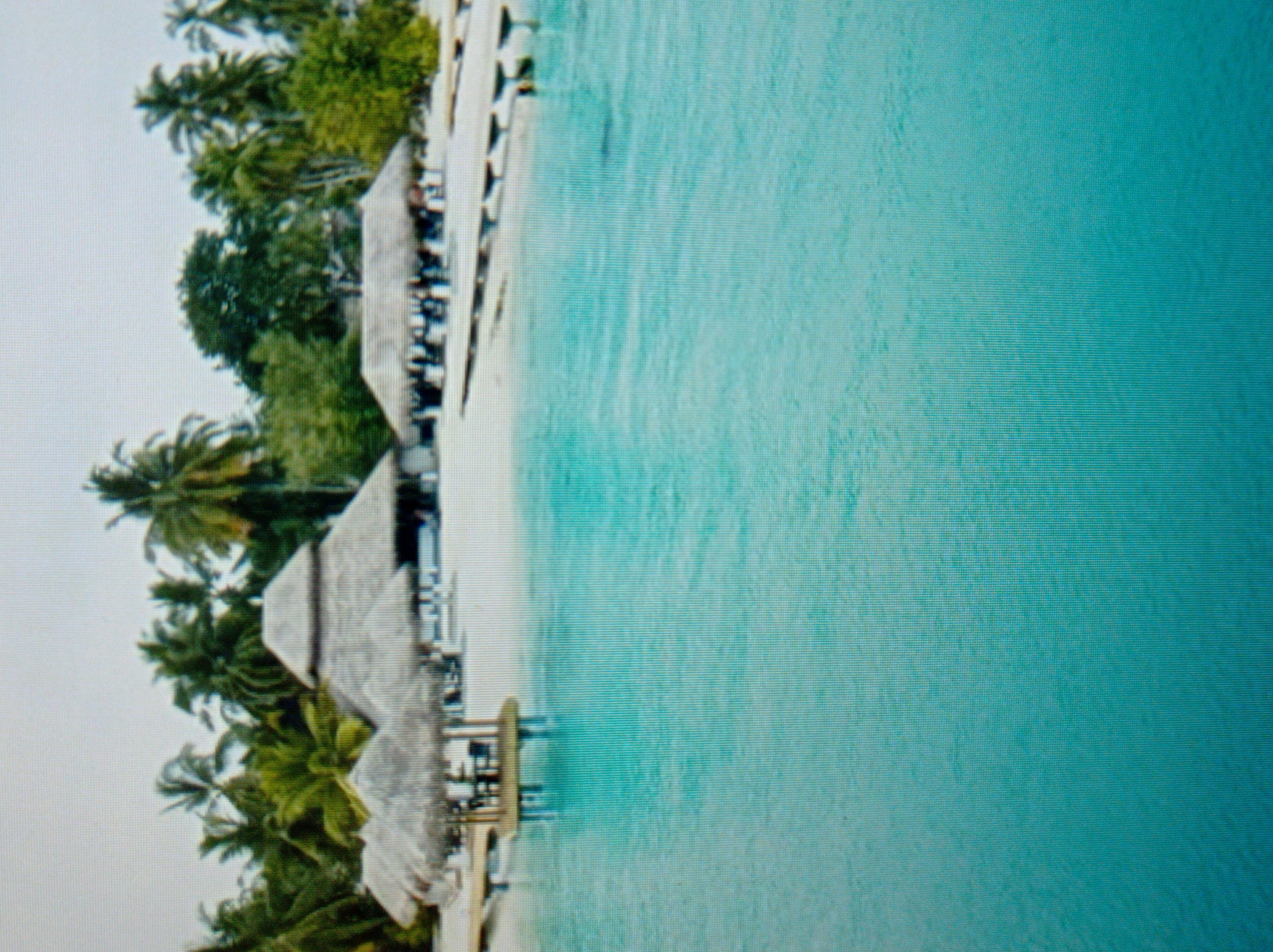 The image depicts a tropical beach resort scene. In the foreground, a vibrant turquoise body of water is visible. The middle ground features a sandy beach with several thatched-roof structures, possibly huts or open-air dining areas. Some of these structures are supported by wooden stilts over the water or sand. Palm trees and other lush green foliage are present in the background, suggesting a warm climate. The sky is overcast and appears a light grey. There is no indication of the city of Mukachevo, Ukraine, in this image.