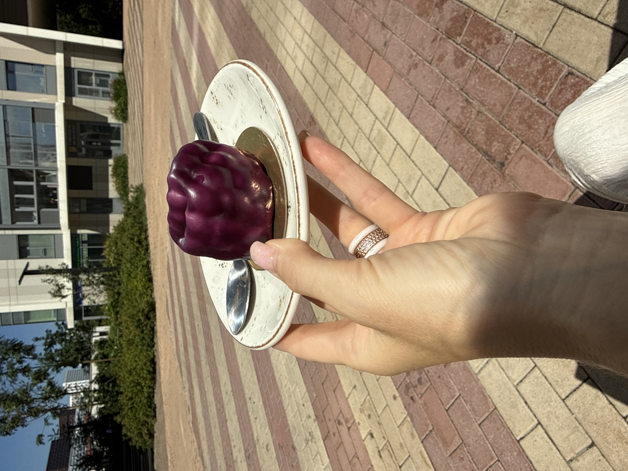 A close-up shot captures a person's hand holding a small, dark purple cake on a white saucer. The cake has a glossy finish and a textured, rounded surface. A silver spoon rests on the saucer. The hand has a light pink nail polish and is adorned with two rings on the ring finger: one appears to be a white band, and the other is a thin band encrusted with small, clear stones. The background is a paved area with alternating light beige and reddish-brown rectangular tiles, laid in diagonal rows. Beyond the paving, there is a low, green hedge and a modern building with large windows. The scene suggests an outdoor setting, possibly a cafe or public space in a city.