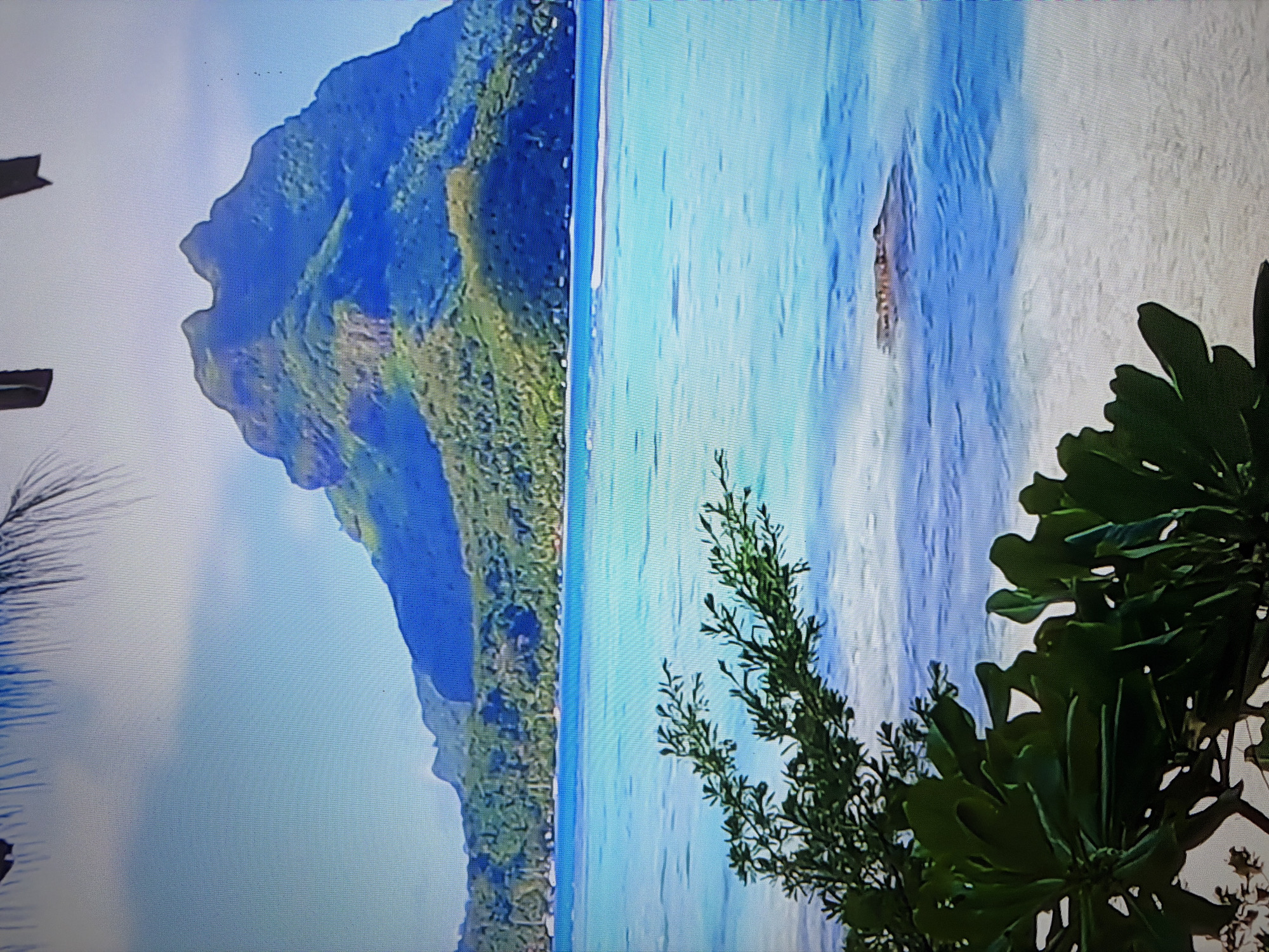 This is a photograph of a tropical island landscape. In the foreground, lush green foliage and branches partially obscure the view. Beyond the foliage, a sandy beach meets the clear, turquoise water of an ocean. The water is calm, with subtle ripples and a few whitecaps indicating gentle waves. In the middle ground, the surface of the water shows a submerged object, possibly a log or a rock formation. Further in the distance, a lush green island rises dramatically, dominated by a large, tree-covered mountain with a distinctive, rugged peak. The sky above is a pale blue with some wispy white clouds. There are no people visible in the image. The scene is peaceful and serene, characteristic of a tropical paradise.
This image is not of Duisburg, Germany. Duisburg is an industrial city in the Ruhr area of Germany, known for its port and steel industry, and does not feature tropical islands or such mountainous terrain.