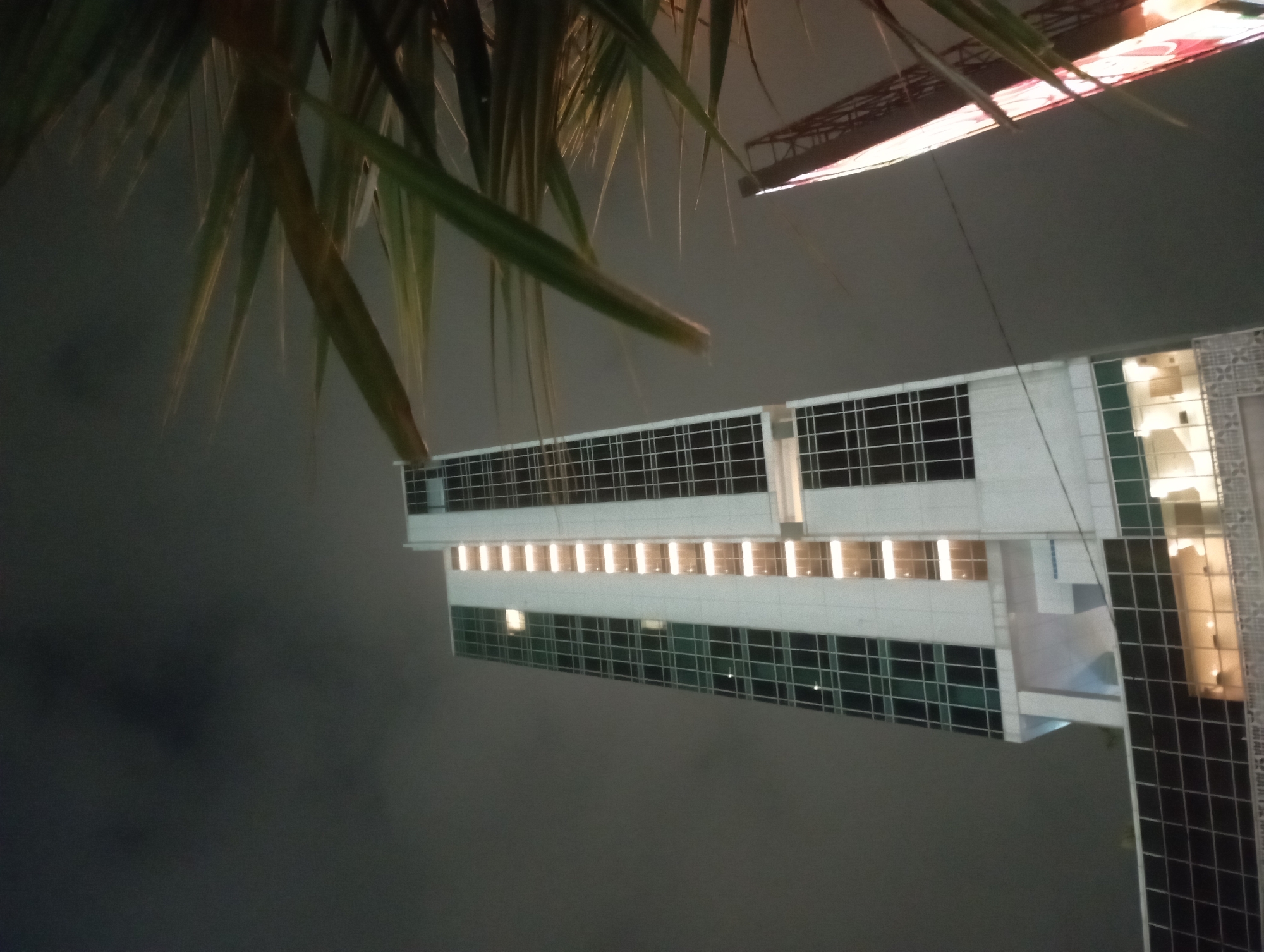 The image depicts a modern skyscraper at night, likely in the city of Surakarta, Indonesia. The building features a white facade with a prominent vertical section containing a series of illuminated windows or lights, creating a striking contrast against the dark, cloudy sky. The lower sections of the skyscraper are clad in dark glass. In the foreground, the fronds of a large plant, possibly a palm tree, are visible, partially obscuring the view of the building and adding a natural element to the urban scene. To the right, a section of a brightly lit billboard or sign with red and white elements is also visible, suggesting commercial activity nearby. The overall atmosphere is one of a city at night, with artificial lights illuminating the architecture and hints of surrounding greenery. There are no people or visible human activity in the frame.