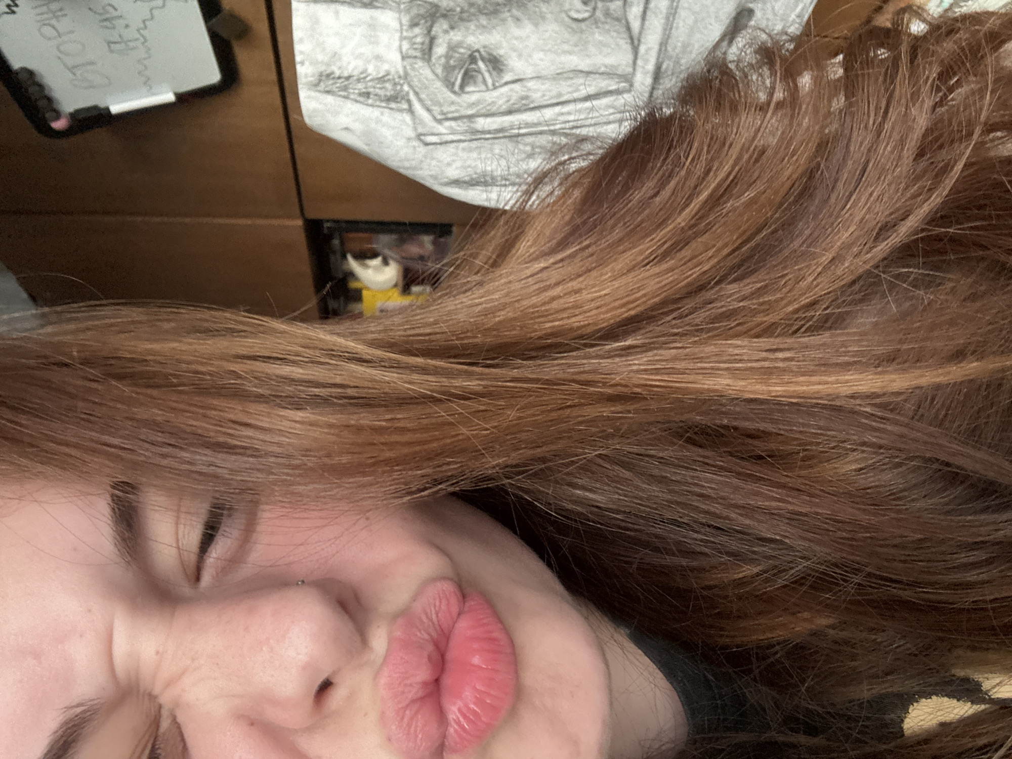The image displays a close-up, partial portrait of a single individual, identified as being in Troyan, Bulgaria. The subject is a young adult female, positioned with her head tilted, facing slightly left from the viewer's perspective. She has reddish-brown hair, styled loosely and falling over her shoulders and partially obscuring the right side of her face. Her left eye is squinted, and her mouth is puckered in a "kiss" pose, with lips colored in a pink hue. A small silver stud piercing is visible on her left nostril. She is wearing a dark, possibly black, high-collared garment.
The background reveals an indoor setting. To the upper right, a small white magnetic whiteboard with a black frame is affixed to a dark brown, possibly wooden, surface. Cyrillic writing is visible on the whiteboard, including "СТОРИ" and "17:45". A pink marker is clipped to the top of the whiteboard. Below the whiteboard, partially obscured by the subject's hair, a grey or white fabric item is visible, featuring a monochromatic sketch or print of an animal's face, resembling a dog or wolf, with one eye prominently visible. Further to the left in the background, behind the subject's hair, a glimpse of yellow-toned objects and a small, light-colored crescent shape is discernible within a recessed area.