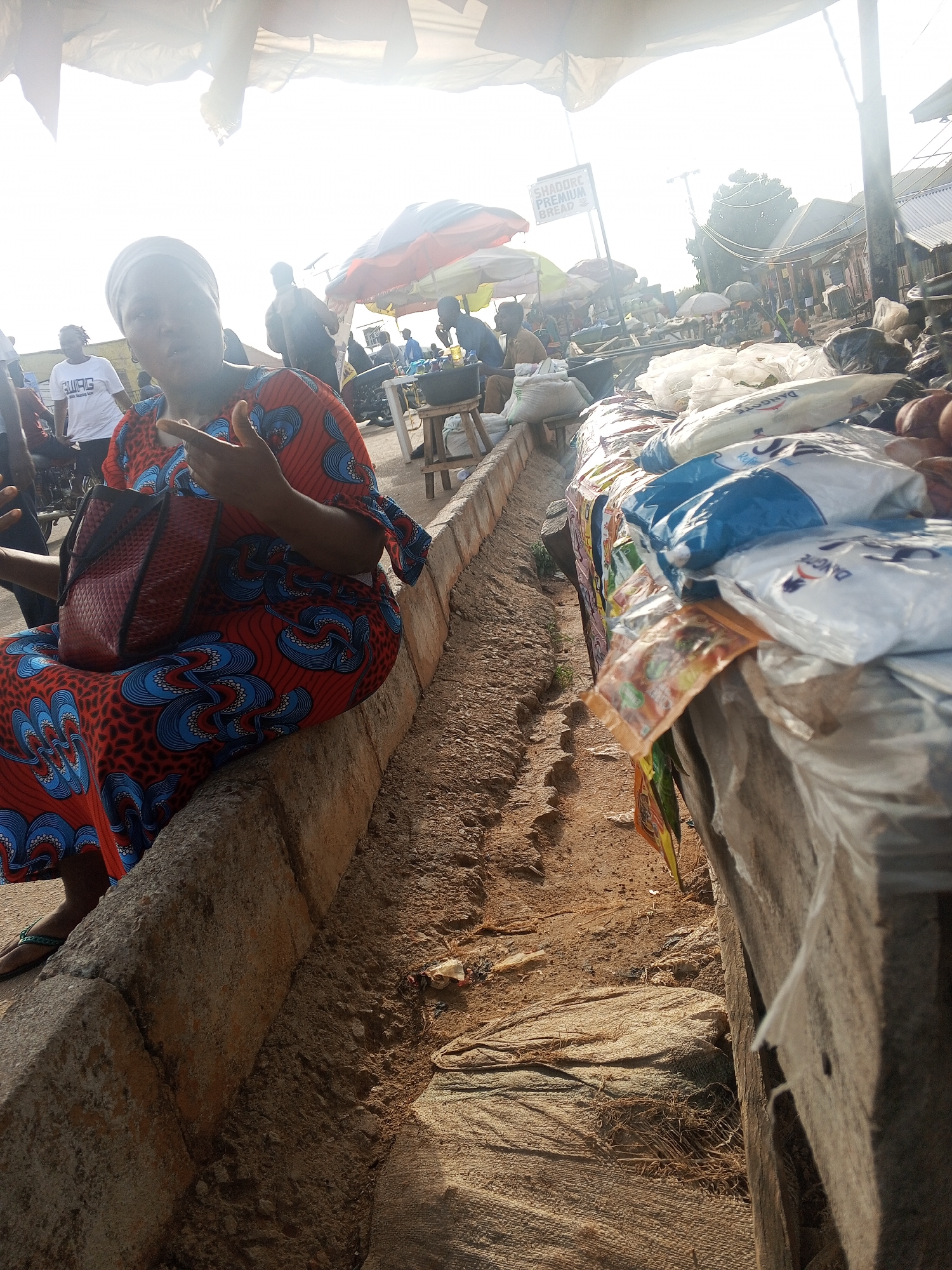 The image depicts an outdoor market scene in Gwong, Nigeria. A woman wearing a colorful patterned dress and a headscarf is seated on a concrete ledge, holding a red bag. She is gesturing with her right hand. In the background, there are various market stalls with umbrellas and people milling about. Bags of goods, possibly food items, are visible on a table to the right of the frame. A sign that says "SHADDORC PREMIUM BREAD" is visible in the distance. The ground appears to be dirt and stone. The lighting is bright.