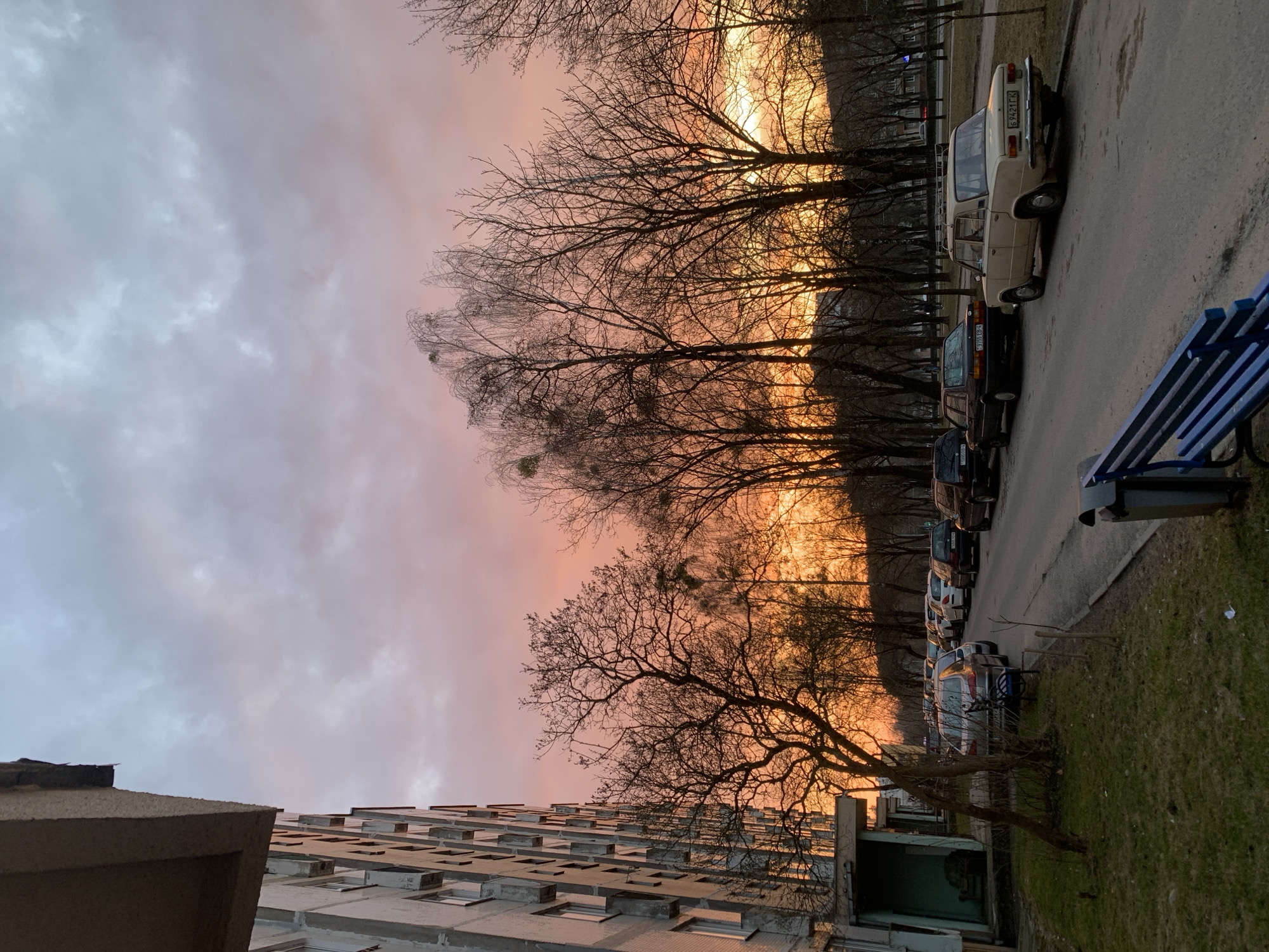 The image depicts a street scene at dusk in Hrodna, Belarus. A multi-story apartment building is visible on the left. A row of parked cars lines the right side of the street, adjacent to a narrow grassy area and a park bench. Bare trees stand between the cars and the setting sun, which is casting a warm, orange glow across the sky and silhouettes the trees. The sky is partially cloudy, with hues of pink and gray. The photograph is taken at an angle, making the scene appear tilted. No people are visible.