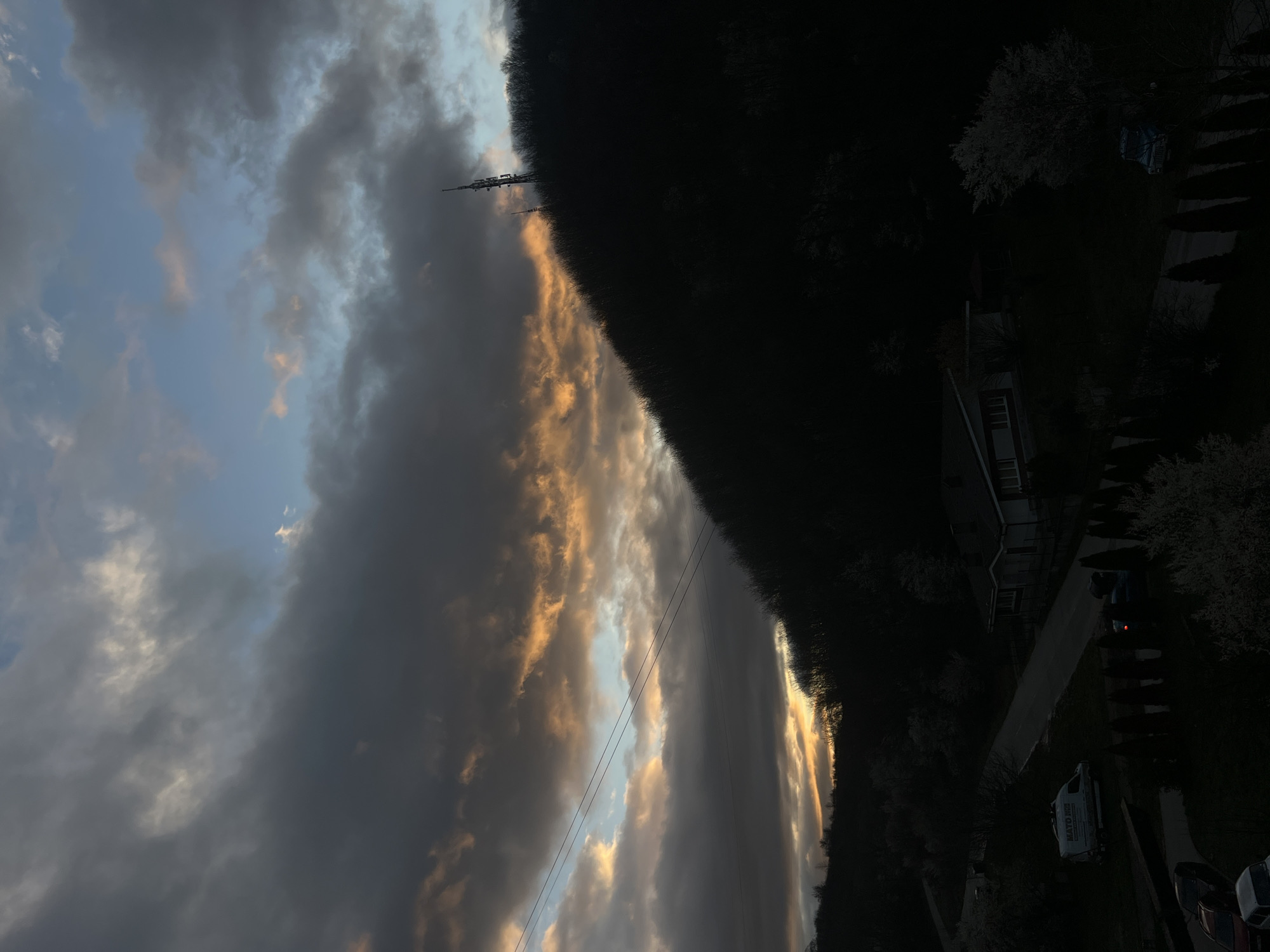 The image shows a view of Elena, Bulgaria, at dusk. On the left is a sky with gray and orange clouds. In the middle of the image is a tree line separating the sky from a residential area. A radio tower is visible at the top. Power lines are running through the sky. The residential area includes houses, trees, a road, and several parked vehicles, one appearing to be a van marked "MAYO JOB." The scene is dimly lit.