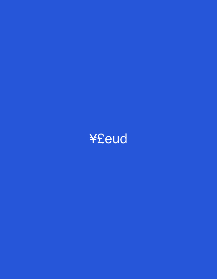 The image displays a uniform, solid blue background. Centered on this background is the white text string "¥£eud". The first character is the Japanese Yen symbol (¥), followed by the British Pound sterling symbol (£), and then the lowercase English letters 'e', 'u', and 'd'. There are no discernible people, objects, or actions depicted. The environment consists solely of the blue background and white text. The image contains no visual information, landmarks, or contextual cues that would allow for its localization to the city of Casablanca, Morocco, or any other specific geographical location.
