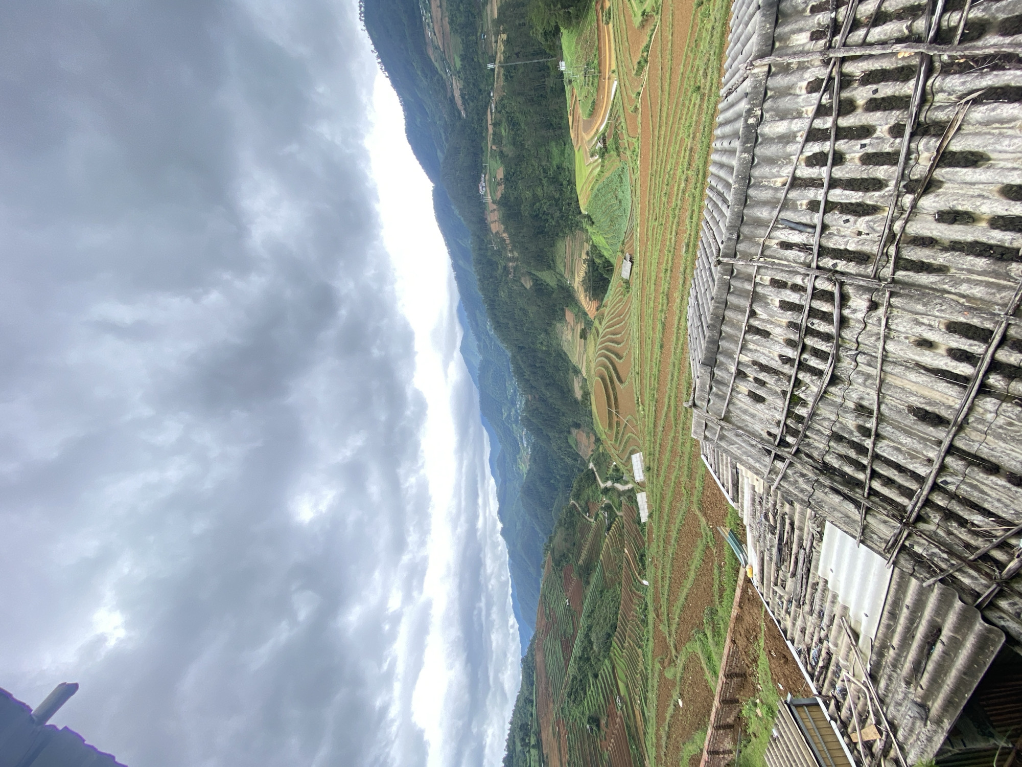 This detailed image presents a terraced agricultural landscape in Dế Xu Phình, Vietnam, under a heavily overcast sky. The immediate foreground is occupied by a weathered, corrugated asbestos-cement roof, predominantly gray with dark streaks indicating biological growth or grime. Multiple horizontal wooden or bamboo poles are laid across the roof's corrugations. A lighter, translucent corrugated panel is visibly integrated into the roof structure. Beyond the roof, extensive agricultural terraces cascade down the hillsides, displaying a mosaic of reddish-brown tilled earth and patches of vibrant green vegetation. A winding, unpaved road is visible, traversing the terraced fields. Several small, utilitarian structures, including what appear to be simple shelters and white-roofed greenhouses, are scattered throughout the cultivated areas. Further into the midground, steep mountainsides are covered with dense green forestry. A tall, slender communication tower is positioned on one of these forested ridges. In the background, successive ranges of tree-covered mountains extend towards the horizon, appearing hazy under the dim, diffused light from the uniform, heavy gray cloud cover. No individuals are discernible within the scene.