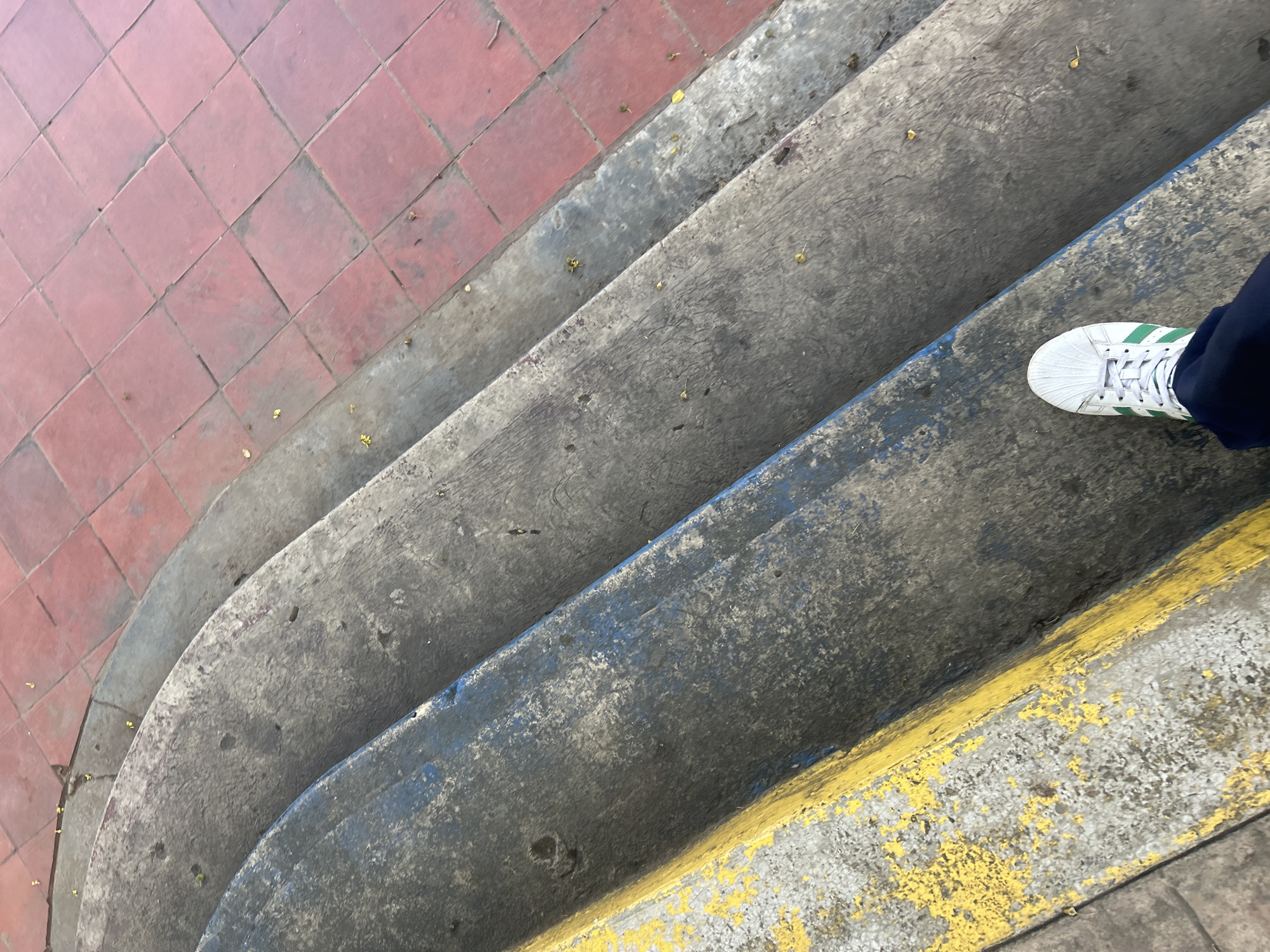 The image shows a first-person perspective of someone's right foot, wearing a white sneaker with green stripes, stepping onto a concrete stair. The stairs are curved and appear worn, with patches of blue and yellow paint visible on their surfaces. The steps lead up to a tiled area with red square tiles, some of which are chipped or missing. Small yellow leaves are scattered across the steps and tiles. The scene suggests an outdoor environment, potentially a public space in Santa Ana, Venezuela, given the context provided.
