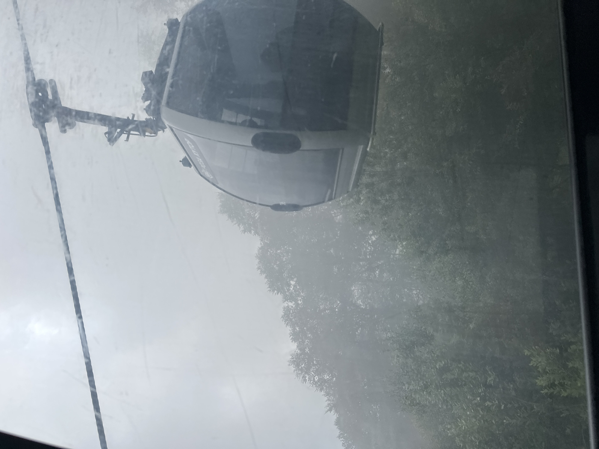 A modern, oval-shaped cable car gondola, its windows reflecting the overcast sky, is suspended from a steel cable. The cable car is angled diagonally from right to left across the frame. Below the gondola, a dense, verdant forest canopy is visible, partially obscured by mist or fog. The trees are a mix of various shades of green, with some appearing lighter and more diffuse due to the atmospheric conditions. The scene suggests movement and elevation, likely part of a scenic transport system in a mountainous or heavily wooded area. The location is identified as Estosadok, Russia.