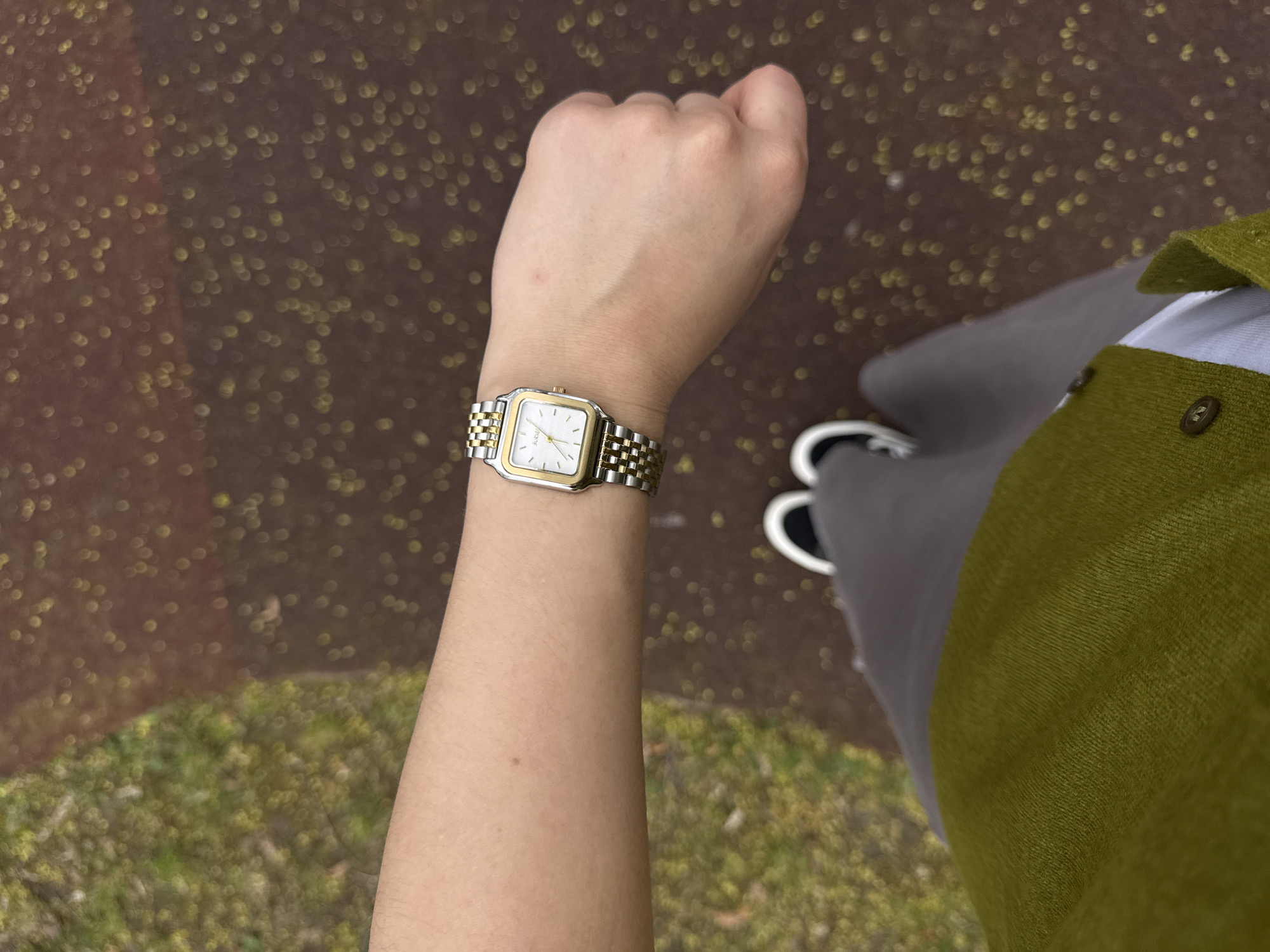 A first-person, overhead shot depicts a person's arm and wrist wearing a gold and silver wristwatch. The person is standing outdoors, as evidenced by the brown, bokeh-filled ground with patches of green. The lower portion of the image includes the person's grey trousers and black and white sneakers. The person's attire includes a green button-down shirt. The location is unspecified and cannot be determined from the image.
