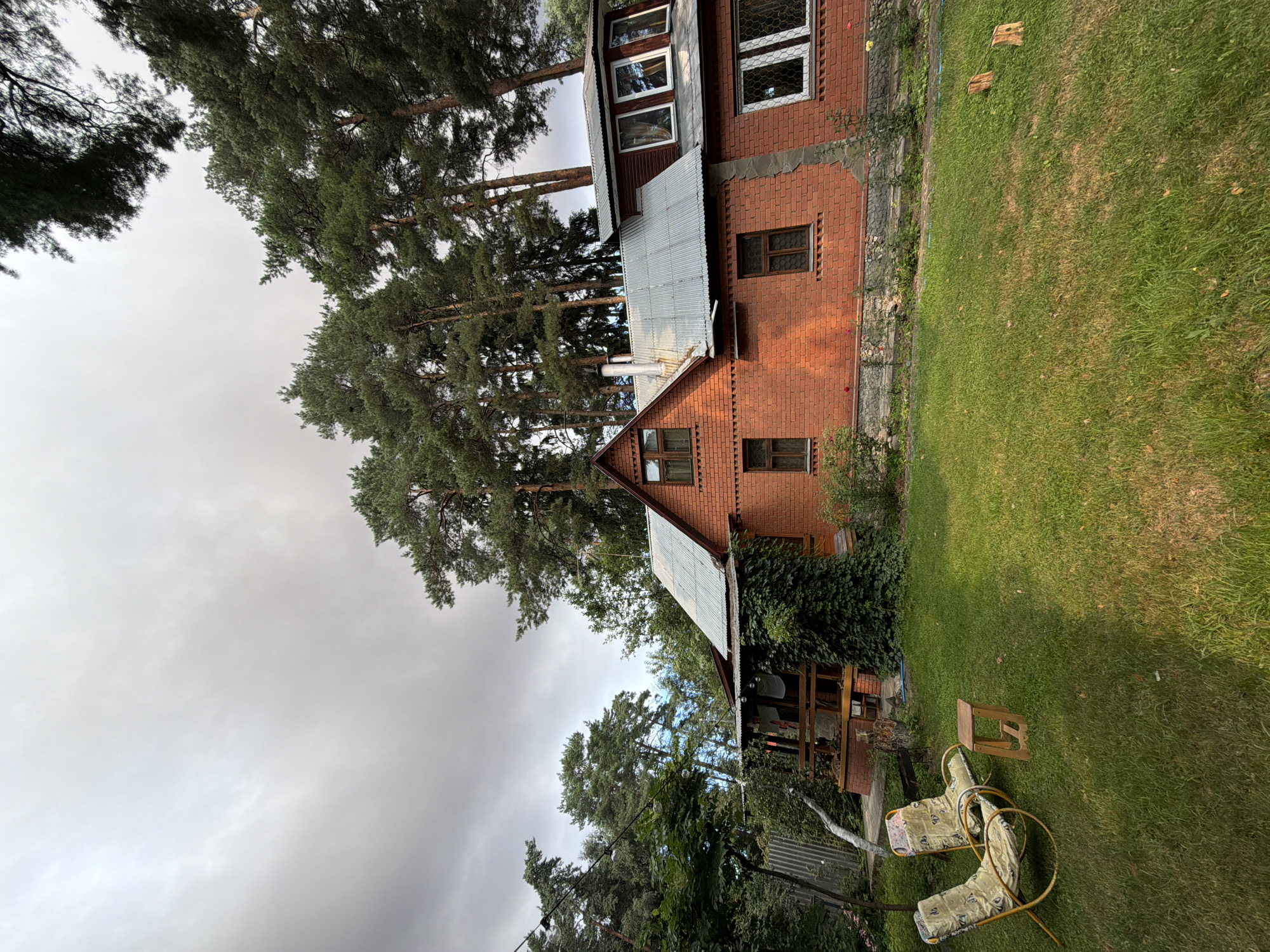 The image depicts a two-story brick house with a corrugated metal roof, situated amidst tall pine trees. The house has several windows, some with white frames and wire grates, and others with dark wooden frames. A covered porch with wooden railings extends from the side of the house, and is partially covered in ivy. In the foreground, a lush green lawn is visible, with two yellow-framed, upholstered chairs and a small wooden table placed on it. The sky is overcast with grey clouds. The scene appears to be a residential property in Udelnaya, Russia, likely a dacha given the rustic architecture and surrounding forest.