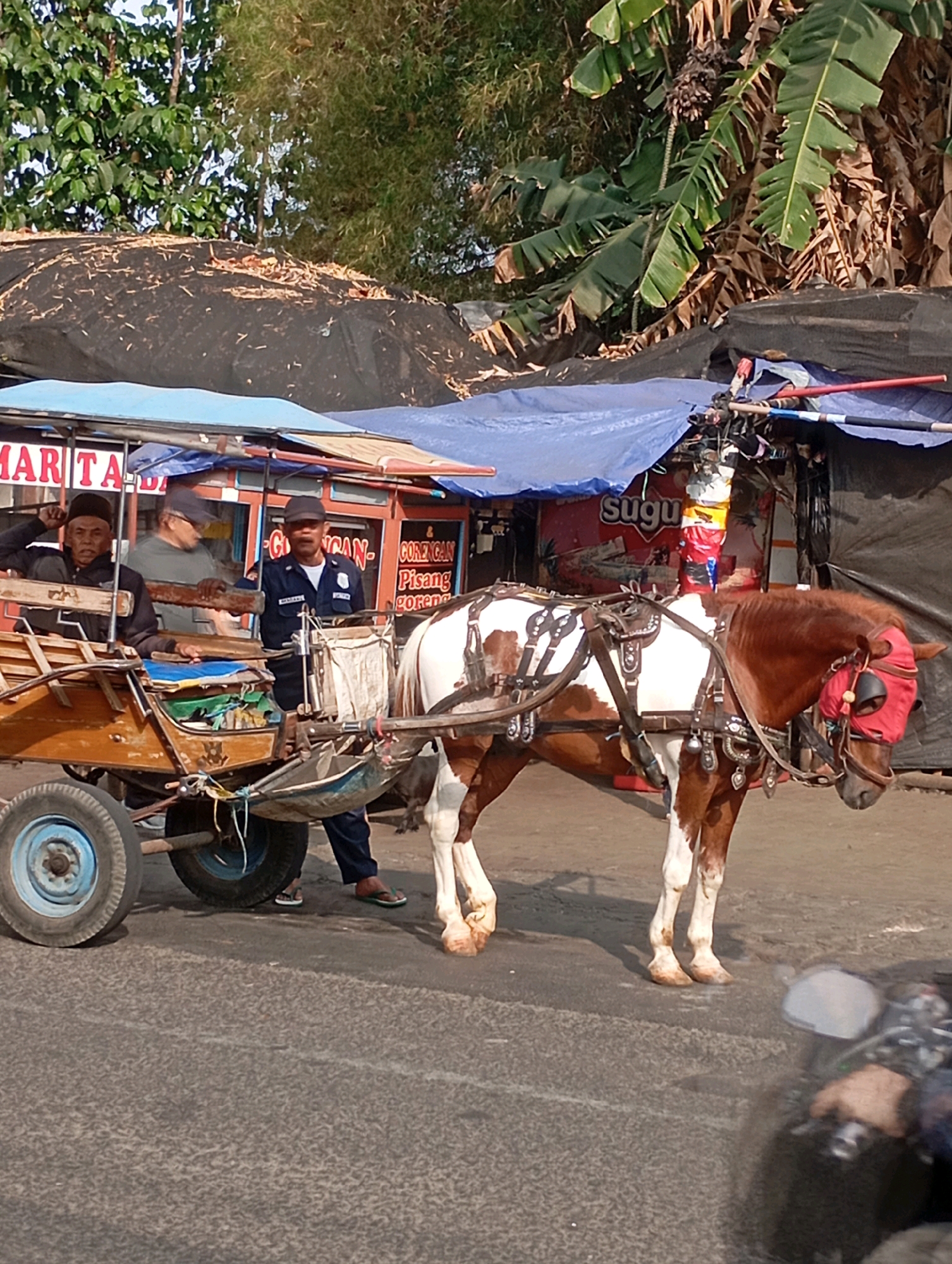 A horse-drawn carriage, known locally as a "delman," is depicted on a street in Cimahi, Indonesia. The carriage is pulled by a brown and white horse wearing a red blindfold and harness. A man in a dark uniform, possibly a security guard, stands next to the carriage, holding the reins. Two other men are seated in the carriage. The scene appears to be in a market or roadside area, with tents and stalls visible in the background. The street is paved, and the weather seems to be sunny.