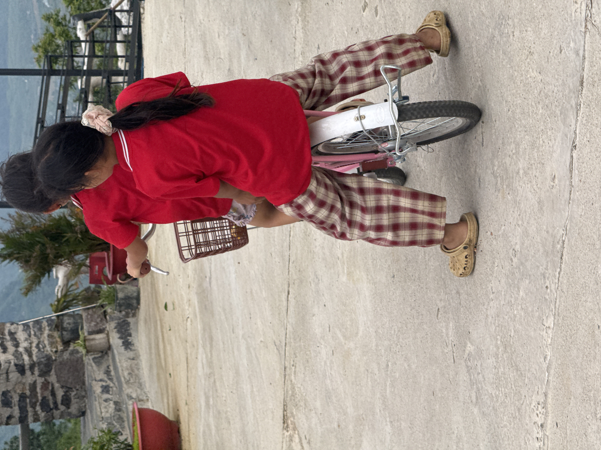 Two children are on a bike. Both children are wearing red shirts and plaid pants and tan clogs. The bike is pink and white with a basket in the front. The photo appears to have been taken in Lùng Tám Commune, Vietnam. A stone wall, plants, and a vista are in the background.
