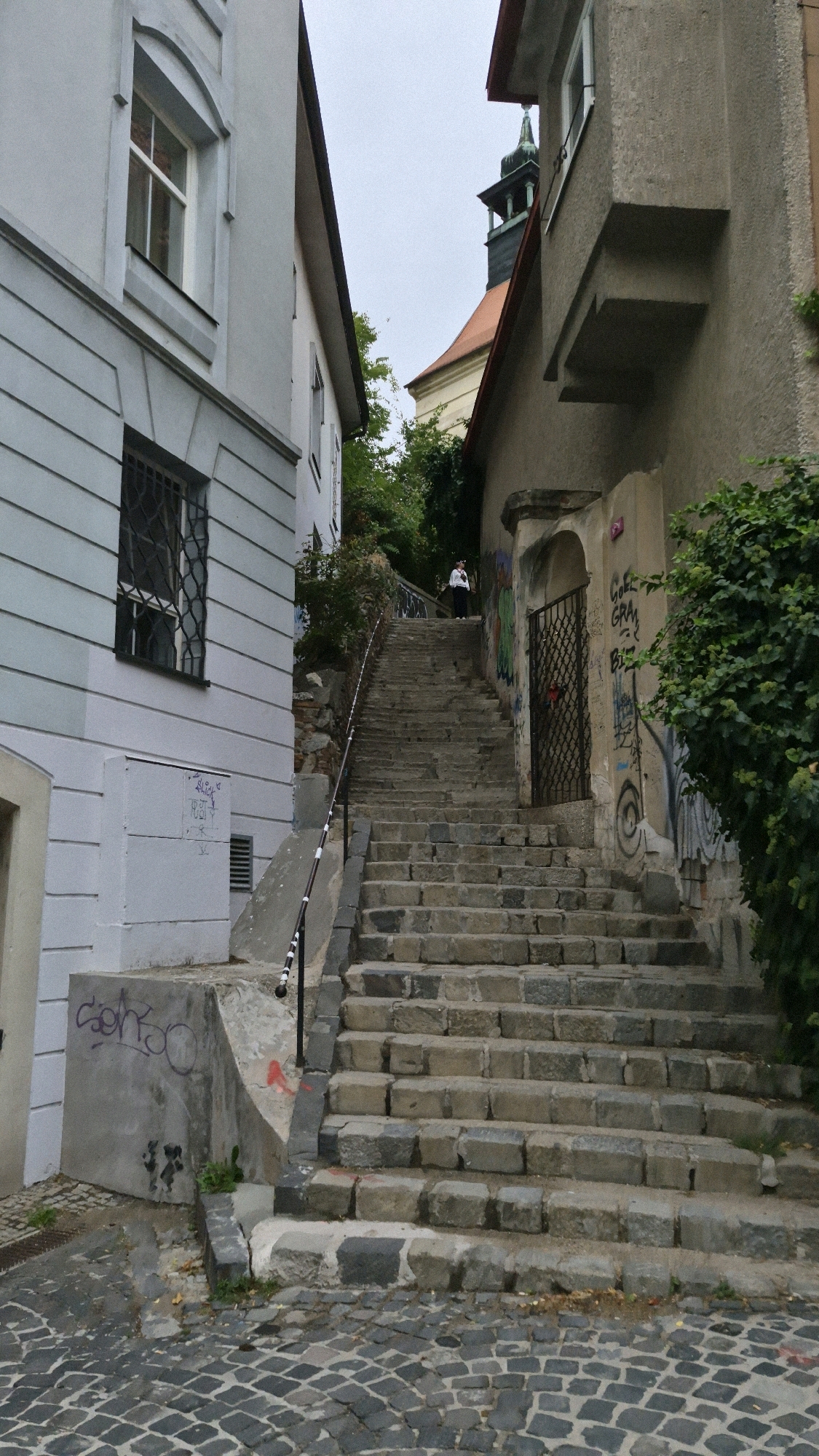 The image depicts a narrow, cobblestone street in Bratislava, Slovakia, leading up a steep, stone staircase between two buildings. The building on the left is a light gray, multi-story structure with visible horizontal siding and a window with a decorative frame. The building on the right is a rough, beige-colored structure, covered in graffiti. The staircase is flanked by a dark railing with white stripes and is lined with lush green foliage. At the top of the stairs, a person in dark pants and a white top is visible standing near a gate. The sky is overcast.