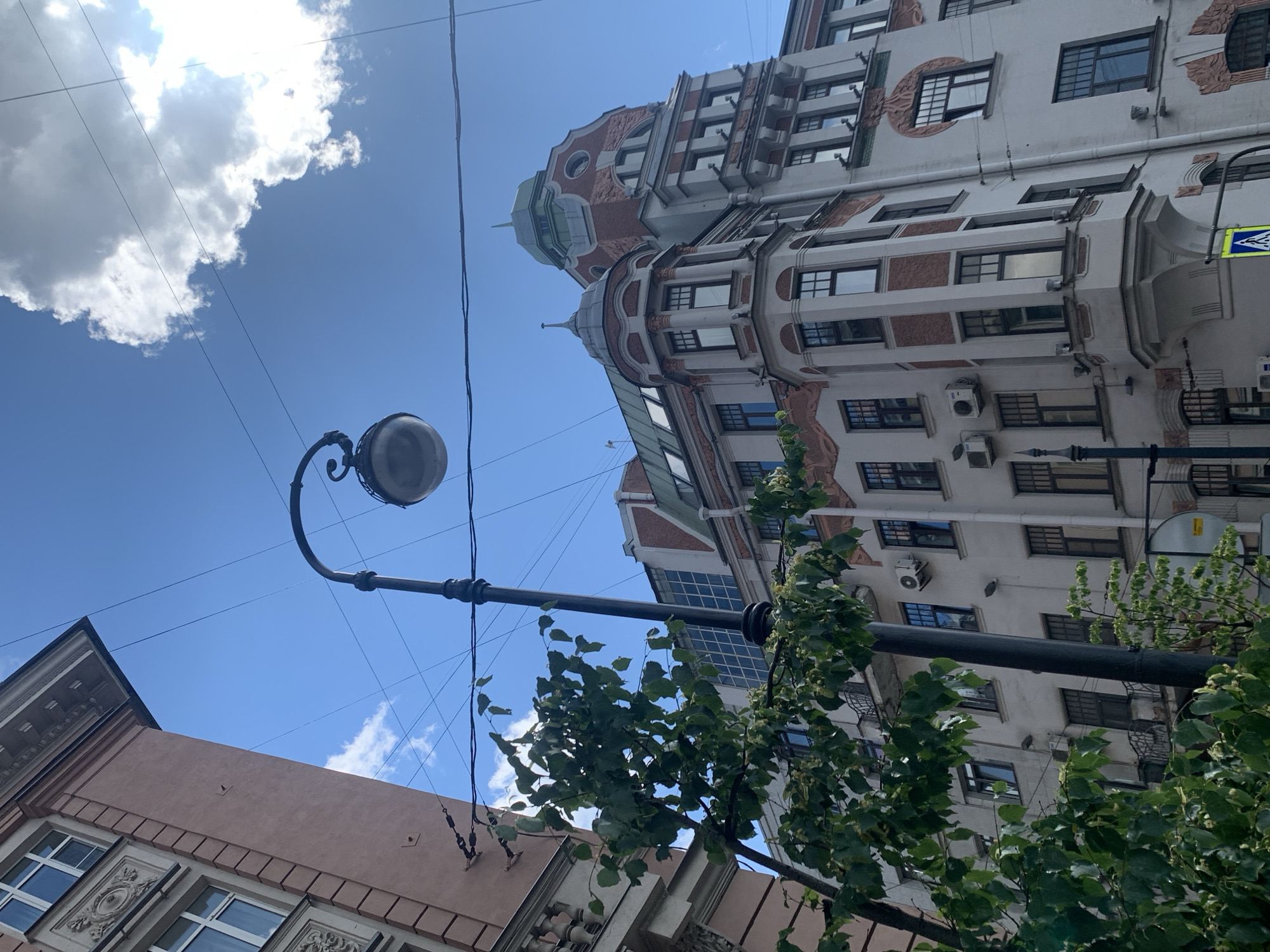 The image shows a street scene in Saint Petersburg, Russia, with a focus on a building with ornate architecture and a blue sky with clouds. On the left, a pinkish-toned building with classical architectural details and windows is visible, partially obscuring the main subject. The primary building is a multi-story structure with a cream-colored facade, accented with reddish-brown brickwork and decorative elements around the windows and on the corners. It features multiple levels with various window designs, some with balconies, and a domed section at the top. A black lamppost with a globe-shaped light fixture stands in the foreground, positioned slightly off-center to the right. Green foliage from a tree partially obstructs the view of the buildings and lamppost. Overhead, power lines crisscross the sky. The overall impression is of an urban environment with historical architecture bathed in sunlight.