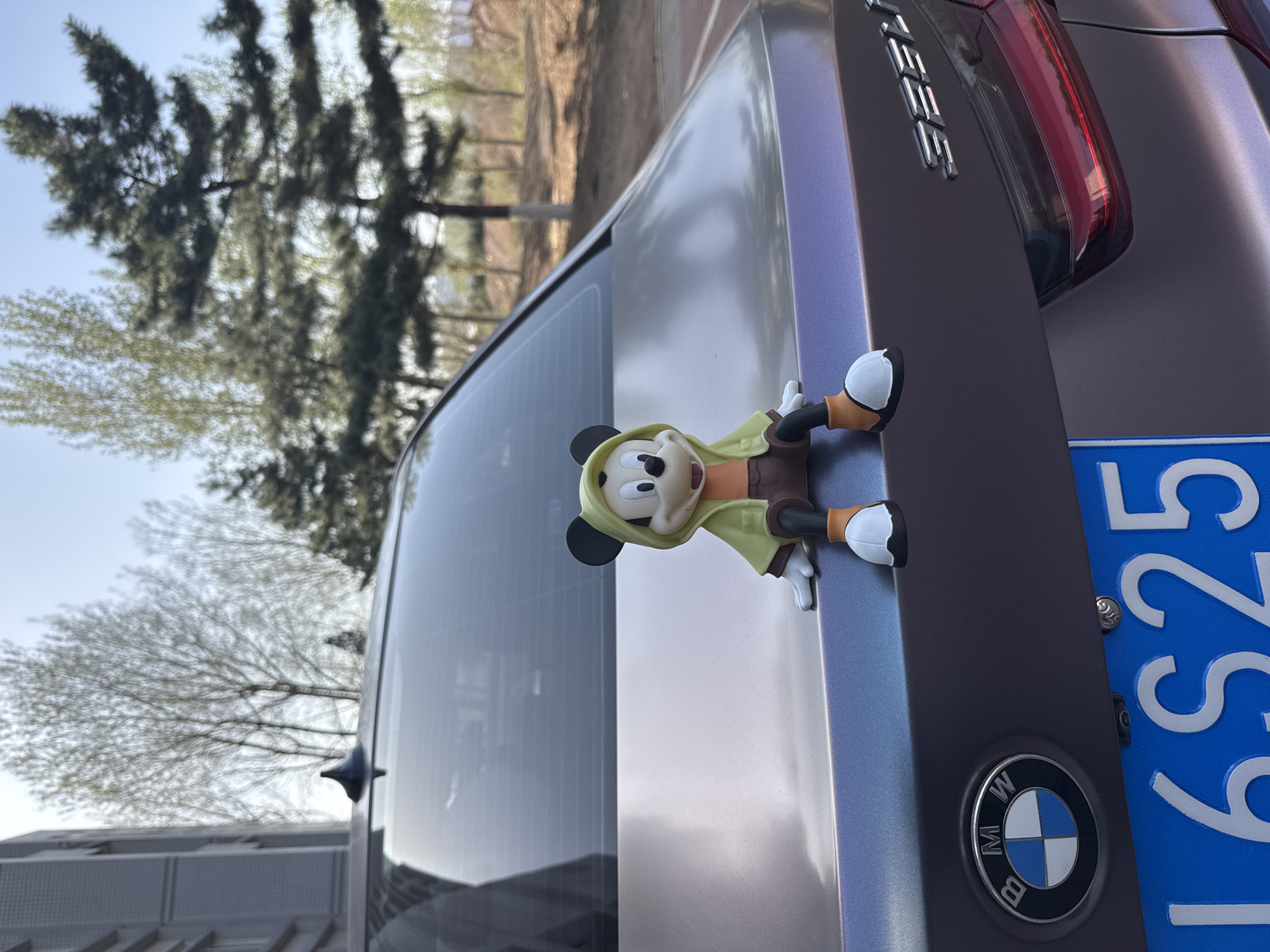 The image, taken in Zhongtun, China, presents a close-up, rotated view of the rear of a car with a decorative Mickey Mouse figurine attached. The car is identified as a BMW by the emblem prominently displayed on the trunk, and the model "335e" is visible as chrome lettering on the upper right side of the trunk lid. The car features a distinctive purplish-gray matte finish.
A Mickey Mouse figurine, dressed in a light green hooded jacket and brown pants, is positioned on the edge of the car's trunk, appearing to cling to it with its hands and dangle its legs. To the right of the figurine, a bright blue Chinese license plate is partially visible, showing the numbers "16525".
The background consists of a clear, bright sky and lush trees, including both tall, dark green coniferous trees and lighter green deciduous trees, suggesting an outdoor setting during springtime or early summer. A glimpse of a building or structure is faintly visible in the lower left portion of the background. The scene is illuminated by daylight, indicating it was captured during the day with clear weather conditions.