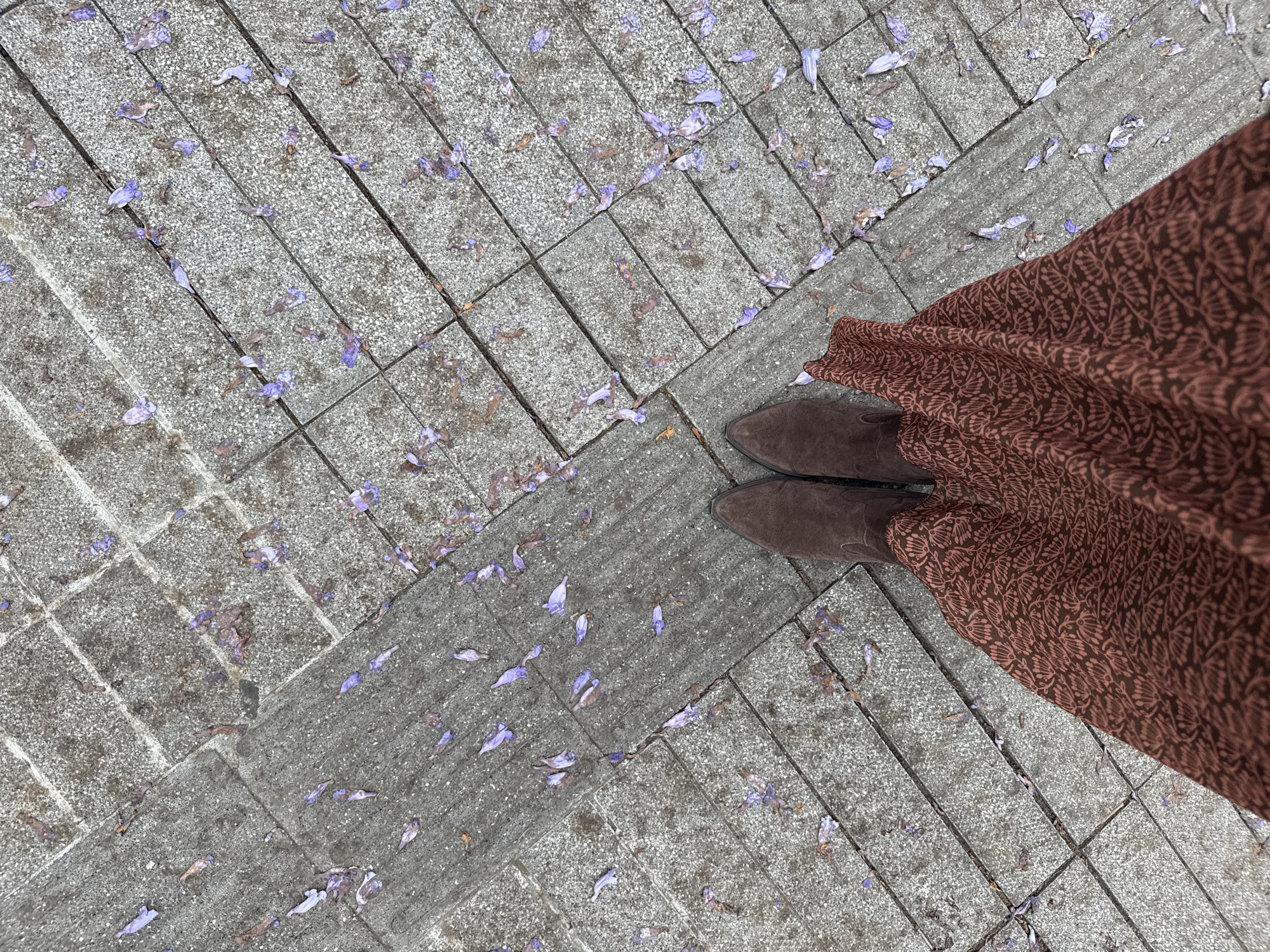 The photograph depicts a view from above, showing a section of a patterned stone pathway or plaza. The surface is gray and covered with scattered purple petals. A person stands on the pathway, wearing brown suede shoes and a long brown patterned skirt or dress. The angle suggests the photo was taken by the person looking down at their feet. It seems to be located in Mexico City, Mexico due to the jacaranda petals.