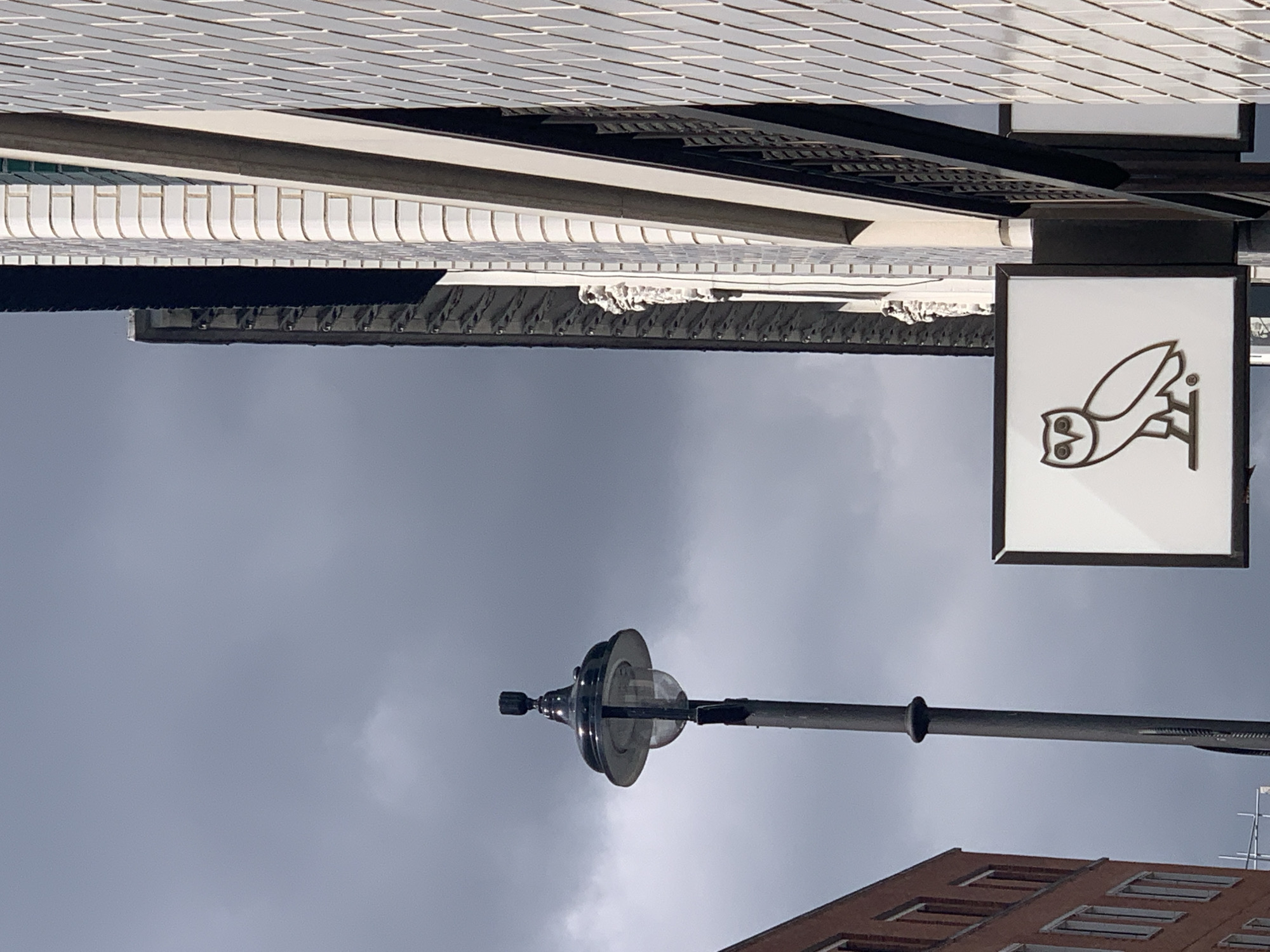 An outdoor urban scene is captured on an overcast day in London, United Kingdom. The image primarily focuses on architectural details and a streetlamp set against a light grey, cloudy sky.
On the right side of the frame, a white rectangular sign with a dark border hangs from a building, featuring a distinct brown outline of an owl perched on a branch, the well-known logo for 'OVO' (October's Very Own).
The building from which the sign hangs showcases a modern and layered facade. Its uppermost visible section consists of numerous small, light-colored rectangular panels, potentially solar panels or a unique cladding design. Below this, there's a section characterized by evenly spaced, vertical, curved slats. Further down, a darker overhang reveals a pattern of small, repetitive elements. Underneath one of these overhangs, an irregular patch of white, rough material is visible.
A tall, dark streetlamp with an ornate, reflective metallic fixture and a clear globe stands in the lower-left to central portion of the image. In the bottom-left corner, a segment of a red-brick building with several rectangular window openings can be seen. The scene is static, devoid of any human activity, and the soft, diffuse lighting indicates daytime under a heavily clouded sky.