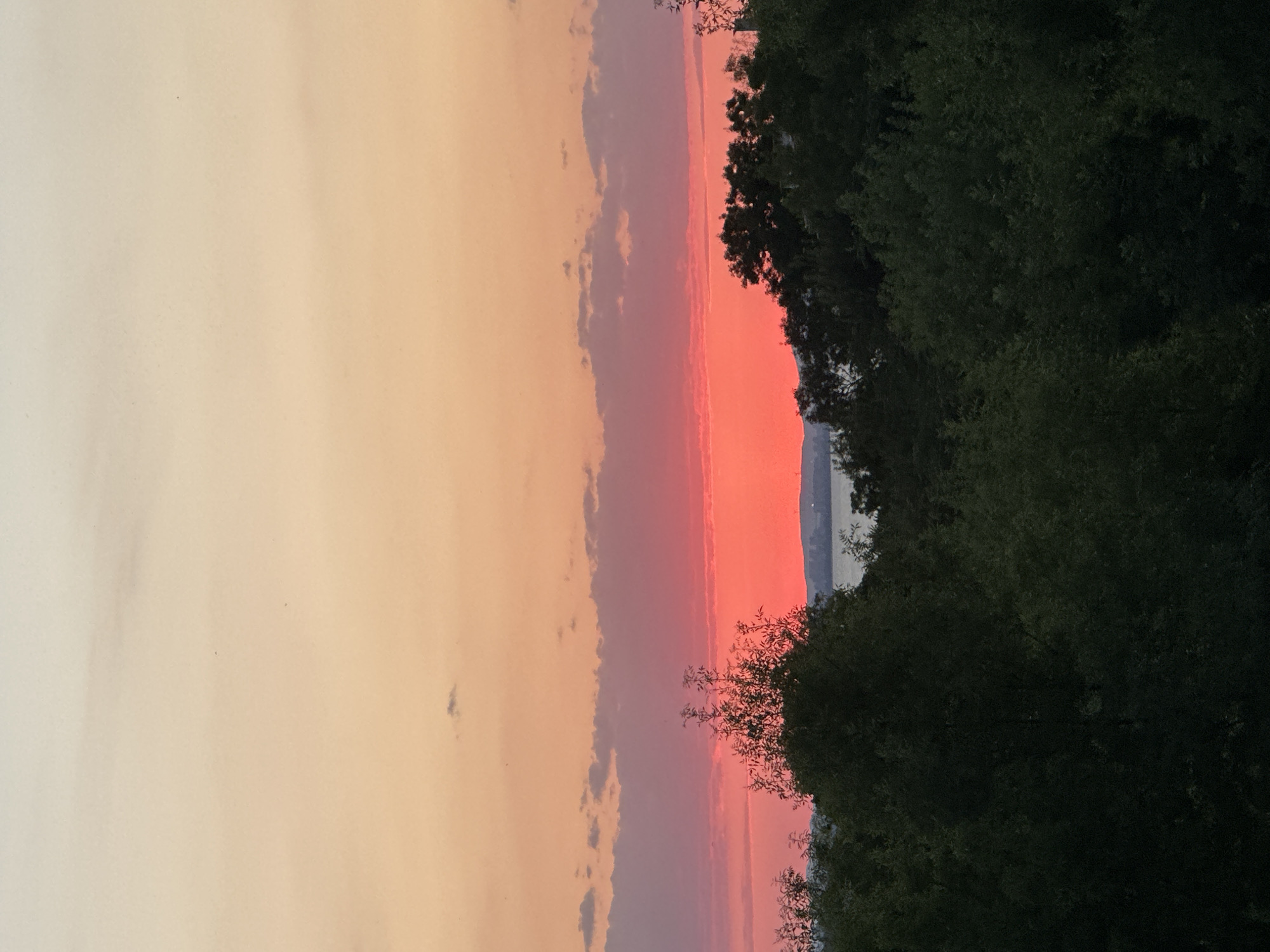 The image depicts a serene sunset over Chernomorets, Bulgaria. The sky transitions from a pale yellow at the top to vibrant orange and then a striking pink and red hue near the horizon. Scattered clouds are visible, tinged with the colors of the sunset. Below the sky, a dense canopy of dark green trees dominates the foreground, creating a natural silhouette against the colorful sky. In the distance, a body of water, likely the Black Sea, is visible, with a faint outline of buildings and structures on the far shore. The overall scene is peaceful, capturing the natural beauty of the coastal town at dusk. There are no people or specific objects of note besides the natural landscape.