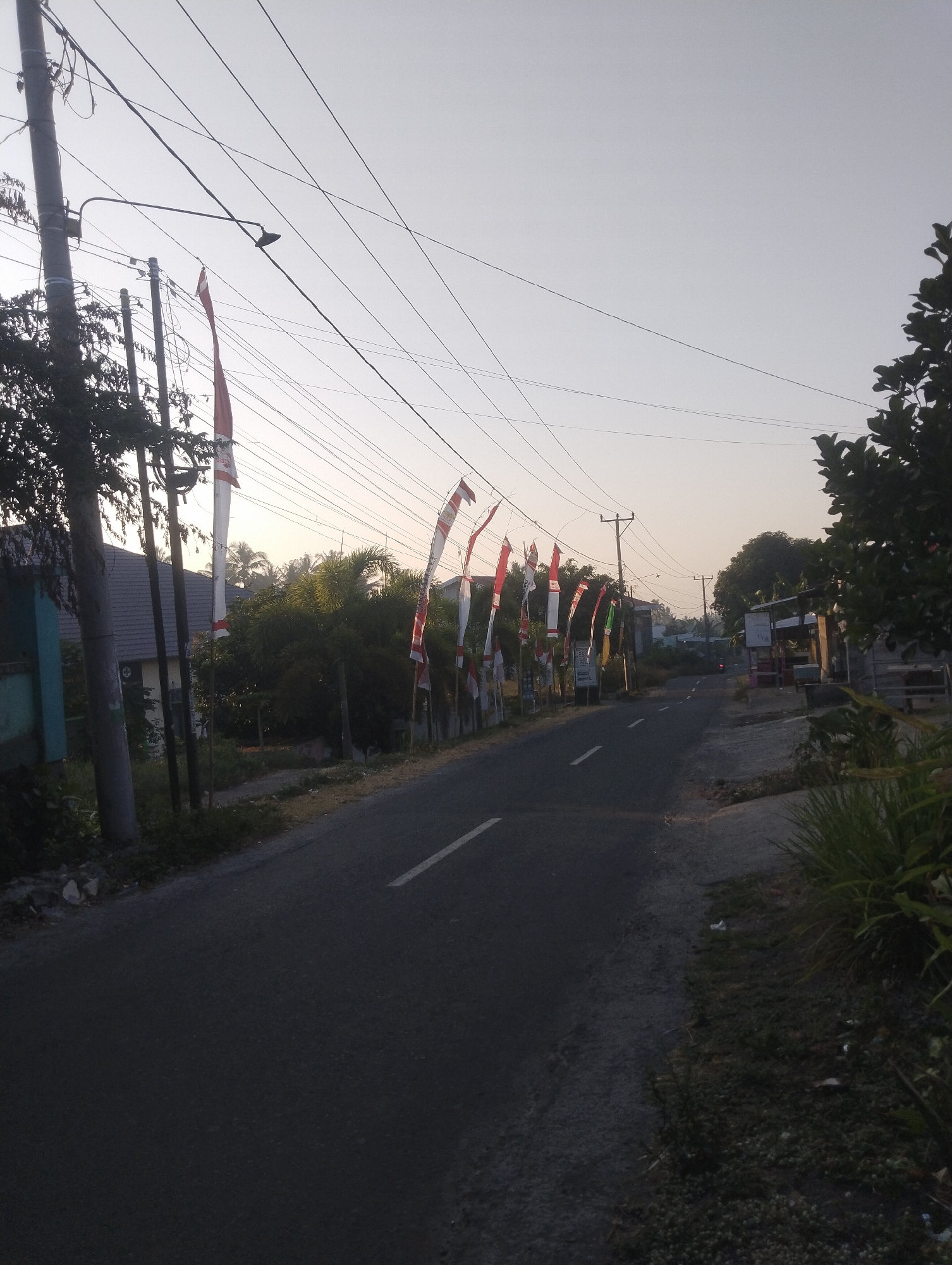 The image depicts a street scene in Wanasaba Daya, Indonesia, likely during the early morning or late afternoon given the low light and soft shadows. A paved road runs through the center of the frame, bordered by vegetation and buildings on either side. Numerous Indonesian flags, recognizable by their red and white colors, are hung on poles along the roadside, suggesting a festive or commemorative occasion. Power lines crisscross the sky, supported by utility poles. Trees and some palm-like plants are visible, adding to the tropical atmosphere. In the distance, there are hints of more structures and the possibility of other vehicles, though none are clearly identifiable. The overall impression is of a quiet, rural or semi-urban street in Indonesia, decorated with national symbols.