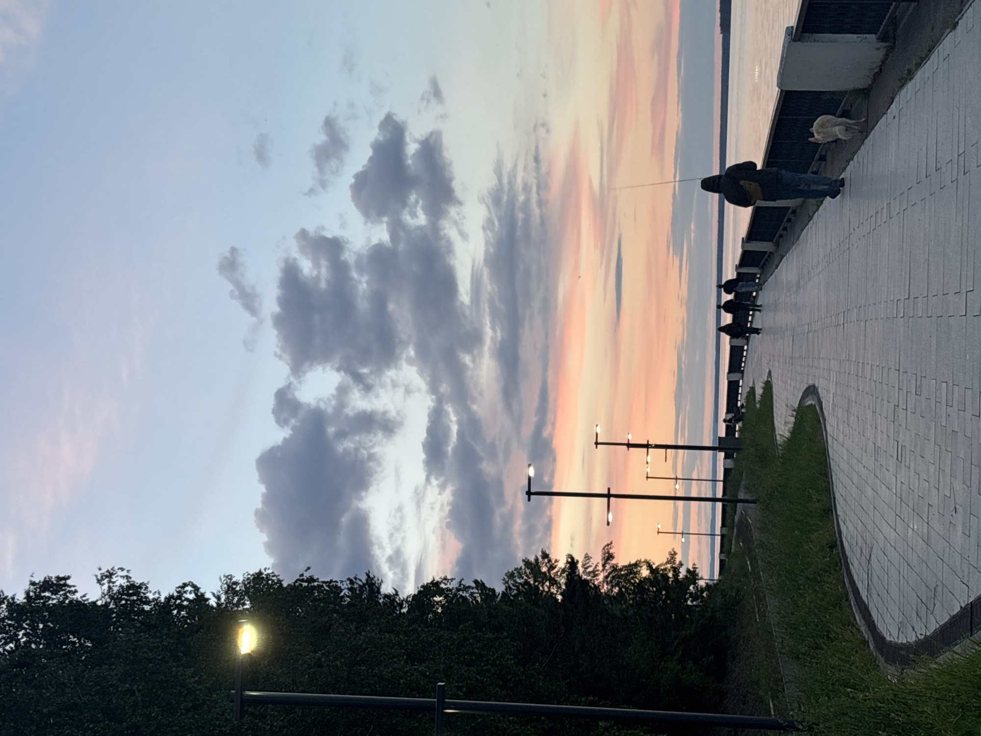 The image depicts a scene on a paved embankment in Chaikovsky, Russia, at dusk. The sky is a mix of light blue, gray, and orange hues. In the foreground, a row of trees lines the embankment, punctuated by illuminated streetlights. On the paved area, a man is fishing with a dog nearby. Several other figures can be seen further down the embankment. The embankment borders a body of water.