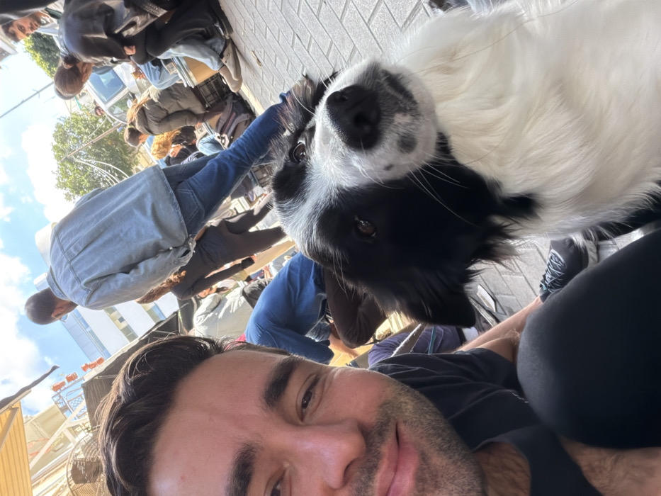 The image depicts an outdoor street market scene in Tel-Aviv, Israel, captured from a low perspective, appearing to be a selfie. In the immediate foreground on the left, a male subject with dark hair and stubble is partially visible, smiling faintly and looking directly at the camera. He wears a dark short-sleeved top, with his left knee and upper leg, clad in dark athletic pants, also visible. To his right and slightly forward is a black and white Border Collie-type dog, positioned with its head tilted slightly upwards and to the right, looking towards the camera with an attentive expression.
The background reveals a bustling market environment under bright daylight with a clear blue sky and some white clouds. Paved ground, possibly cobblestones, is visible beneath the subjects and extending into the background. Numerous people populate the scene, mostly out of focus. A man in a light blue denim jacket and blue jeans is prominently visible from behind in the mid-ground, standing or walking. Other individuals are seated on low objects or standing, appearing to browse goods or converse. Market stalls with awnings are implied by overhead structures and the density of people and objects on the ground. Distant light-colored buildings are visible against the sky. The overall atmosphere suggests an active, crowded daytime market.