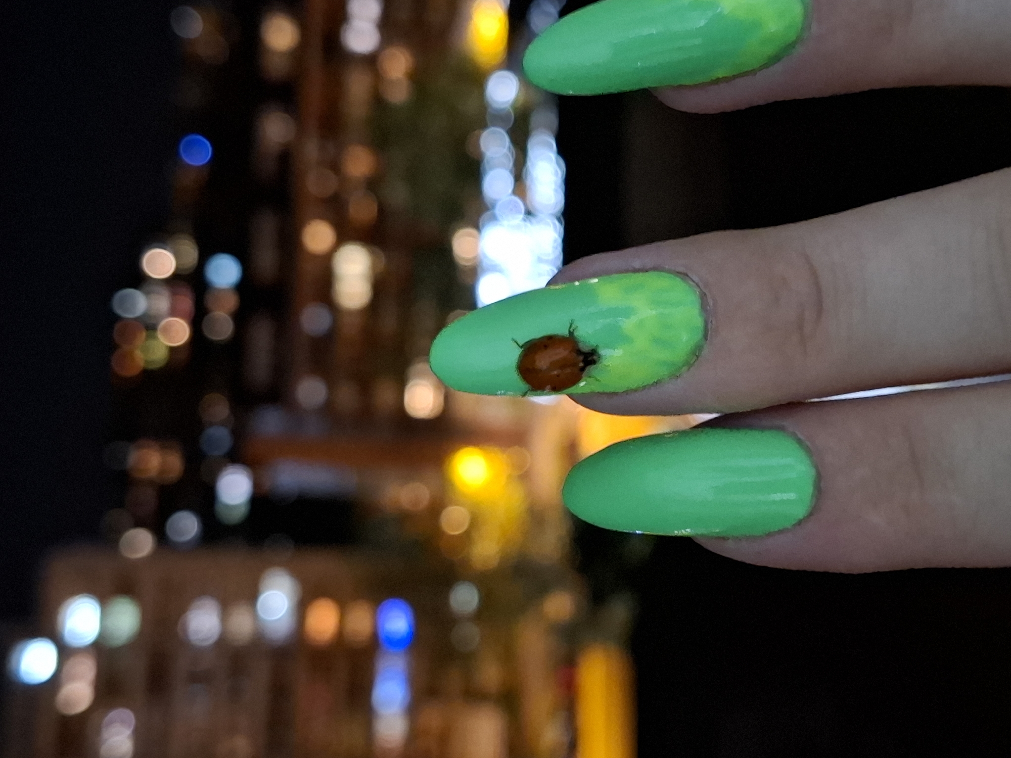 A close-up shot shows a hand with green nail polish, one nail featuring a ladybug design, against a blurred background of city lights. The location is likely Novi Sad, Serbia, based on the architectural style and layout of the buildings in the background. The photo was taken at night, as evidenced by the dark sky and illuminated buildings. The hand is positioned in the foreground, drawing focus to the nail art.