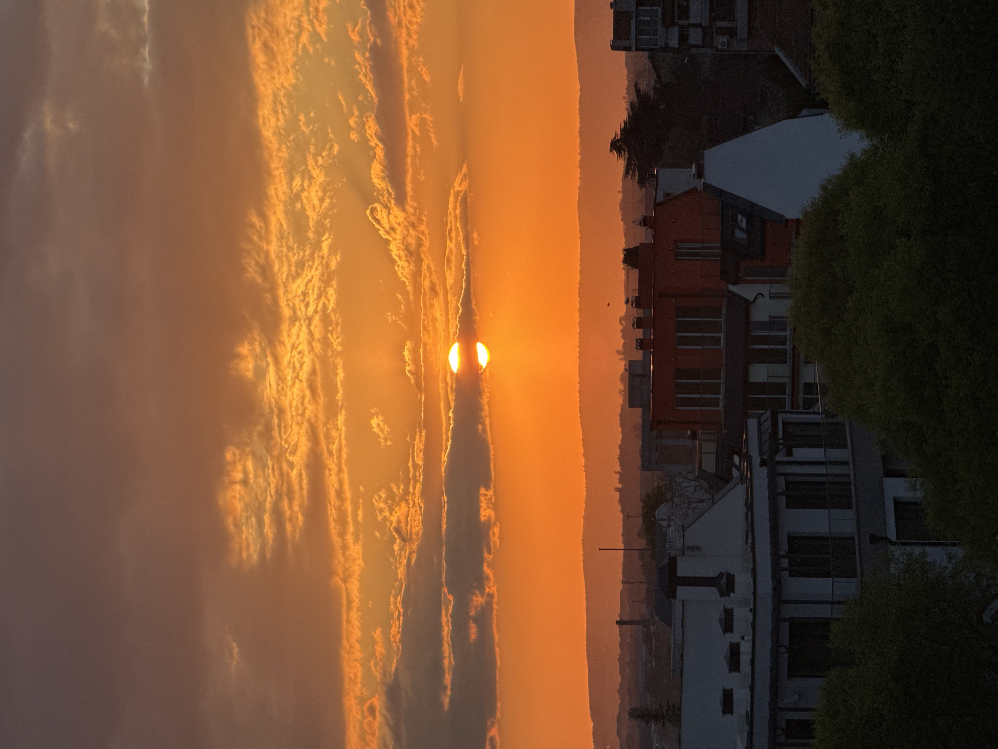 The image depicts a dramatic sunset over an urban landscape in Varna, Bulgaria. The sky is ablaze with vibrant shades of orange and yellow, intensely lit by the setting sun. The sun itself is a notable detail, appearing as two distinct, brilliant yellow-orange disks, partially obscured by a cloud band that stretches horizontally across the frame. These clouds are illuminated from behind, creating fiery, streaky patterns that dominate the upper half of the scene. Towards the left of the sky, the intense colors soften into muted grays and purples.
In the midground, silhouetted against the glowing sky, are various urban buildings and structures. These buildings appear dark and cast in shadow, showcasing rooflines, windows, and balconies, suggesting a mix of residential or commercial architecture. Dense, dark green foliage from trees or bushes frames parts of the foreground on the right side. In the background, a subtle, hazy line of distant mountains or hills is visible along the horizon, creating a layered depth. The overall scene captures the peaceful yet dramatic essence of a sunset, contrasting the brilliant sky with the shadowed urban environment. No visible text is present in the image.