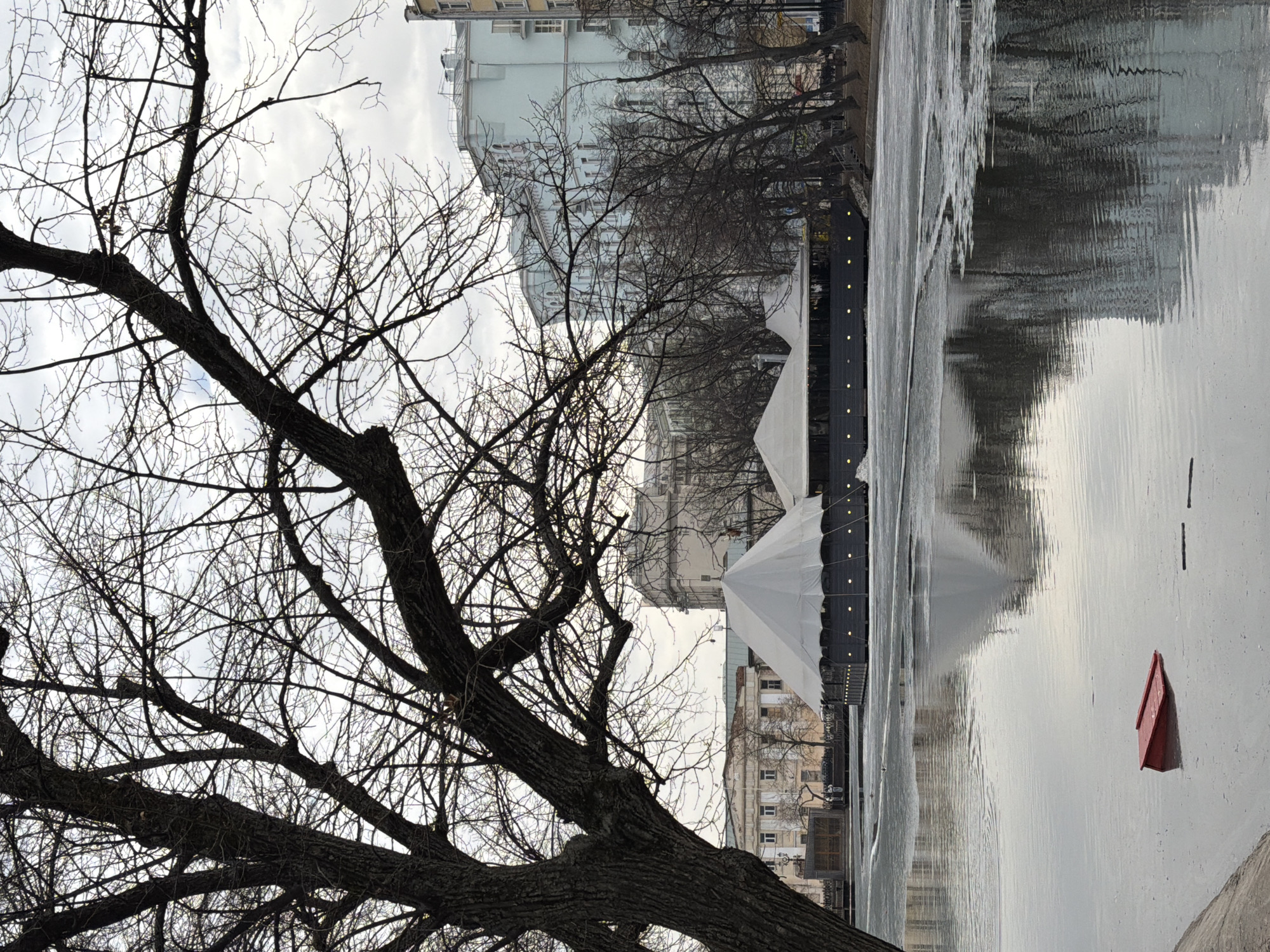 A photo depicts a cityscape reflected in a body of water. Bare trees frame the left side, with a tall building in the background featuring a light blue facade with multiple windows. Closer to the water's edge, there is a structure with a dark-colored frame and what appear to be white, tent-like tops. The water's surface is reflective, mirroring the buildings and structures above. In the lower right corner, a red object floats in the water.
The location of the photo is Moscow, Russia.