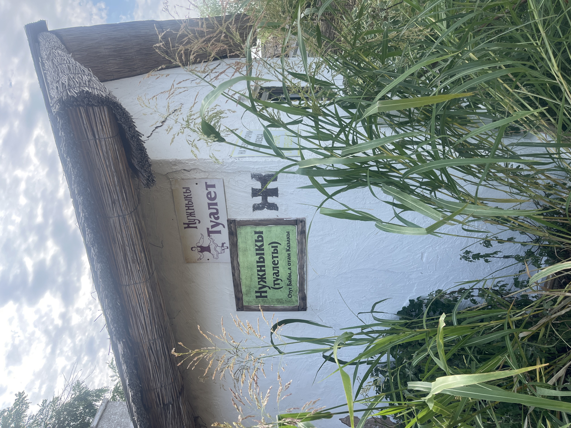 This is a medium shot of a rustic-style building, possibly a toilet facility, in Taman', Russia. The building has a white, textured exterior and a thatched roof. A sign on the building reads "Нужныки (туалеты)" which translates to "Needful ones (toilets)", with smaller text below that reads "От Тут Бабы, а Отам Казаки" meaning "Women here, men there". Another sign with a silhouette of a dancing figure and "Нужныки" is also visible. Tall green grasses and reeds surround the building, partially obscuring the lower portions. The sky is overcast with some visible clouds. The overall scene suggests an outdoor recreational area with a quirky, folk-inspired aesthetic.