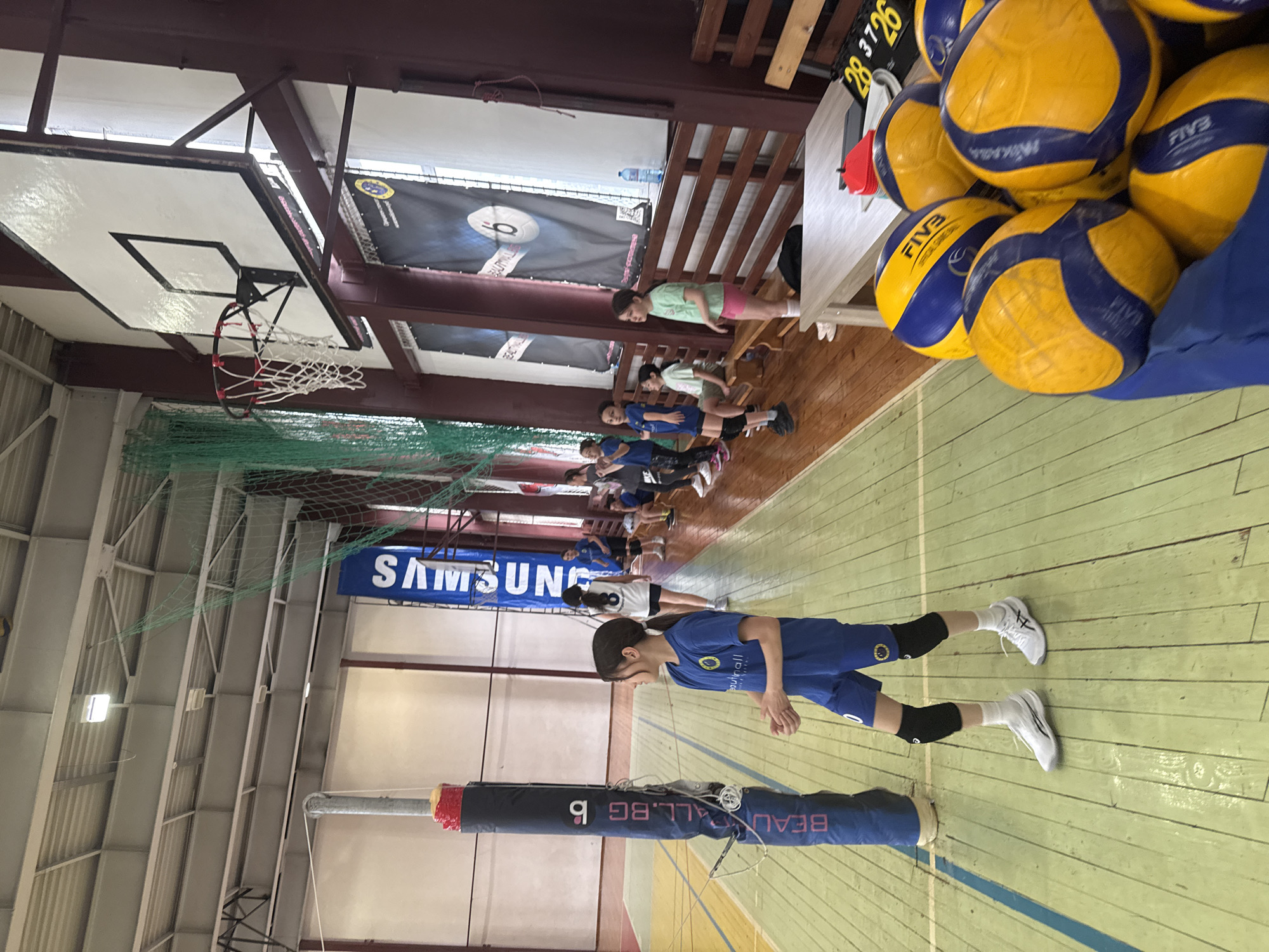 The image captures an indoor sports hall, specifically a volleyball court, confirmed as a Beautyball facility in Sofia, Bulgaria, by visible "BEAUTYBALL.BG" and "SOFIA" signage on banners and equipment. The floor is constructed of light green and yellow wooden planks with blue court lines. The walls are a mix of reddish-brown paneling below and light-colored sections with windows above. The ceiling features an industrial corrugated metal structure with exposed beams and overhead fluorescent lights. Green safety netting is suspended across the upper portion of the hall.
In the foreground, slightly left of center, stands a young female, approximately 8-12 years old. She wears a blue short-sleeved athletic shirt with a yellow circular logo on the left chest, blue athletic shorts, black knee pads, white ankle socks, and white athletic shoes. Her dark hair is pulled back into a ponytail, and she is observed with her hands lightly clasped in front of her.
To her right, a blue padded volleyball net pole bears white "BEAUTYBALL.BG" text and a 'b' logo, with a section of red tape near its top. Further back, along the right wall, a white basketball backboard with black markings and a red rim with a white net is mounted. Beneath this, black banners displaying "BEAUTYBALL" and a logo are affixed to the wall, and a large blue banner displaying "SAMSUNG" vertically is visible on the far right wall section.
Approximately seven to ten other children, predominantly females of similar age, are present in the background. They are positioned along the right wall, some standing and others seated on long wooden benches. Their attire varies but includes athletic shirts and shorts, with one girl in a white shirt bearing the number "8" on her back.
In the immediate foreground on the right, a light-colored wooden table displays a digital score-keeping device showing "28 3 7 26", a red conical marker, and a dark, flat object. Below the table, a blue flexible container is filled with numerous yellow and blue volleyballs, each marked "FIVE" and "OFFICIAL GAME BALL". A blue plastic water bottle is visible on a ledge beneath a window on the right side of the image.