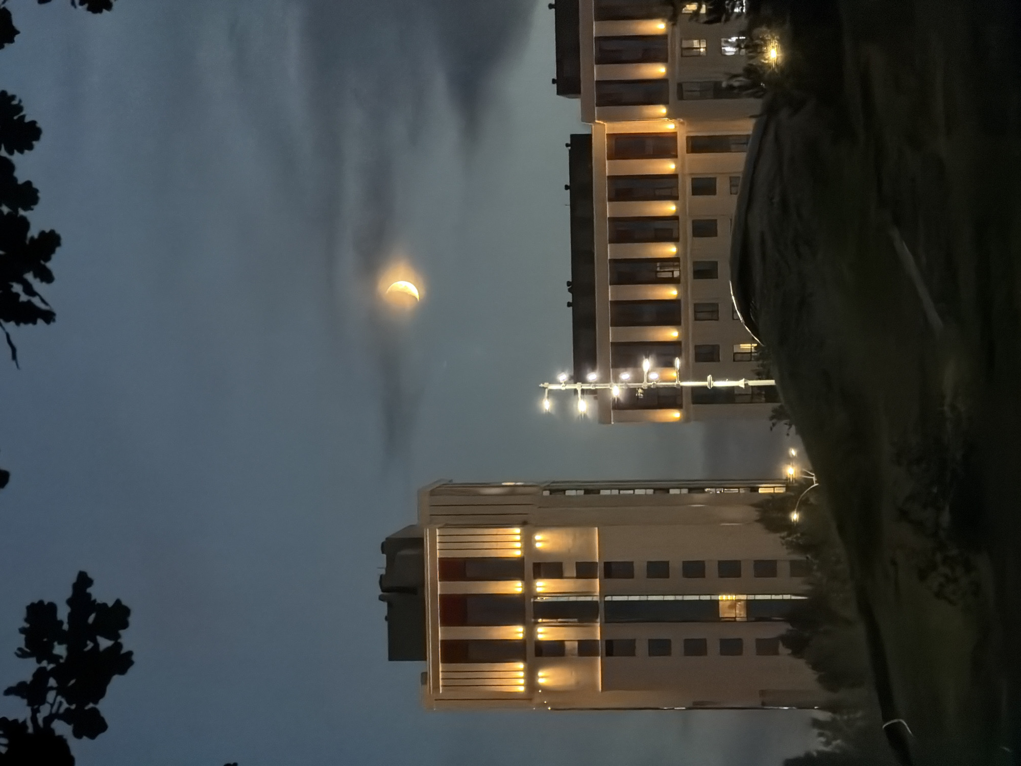 A crescent moon is visible in the night sky above modern residential buildings in Astana, Kazakhstan. The sky is a dark, twilight blue with some clouds. Two tall, light-colored buildings with vertical orange lighting are prominent. The building on the left is taller and has darker vertical accents. The building on the right is lower and appears to be part of a complex of similar structures. A dark, undulating landscape, likely a hill covered in vegetation, is in the foreground. Silhouetted tree branches are visible in the upper left corner of the image. Streetlights are illuminated around the buildings and in the distance.