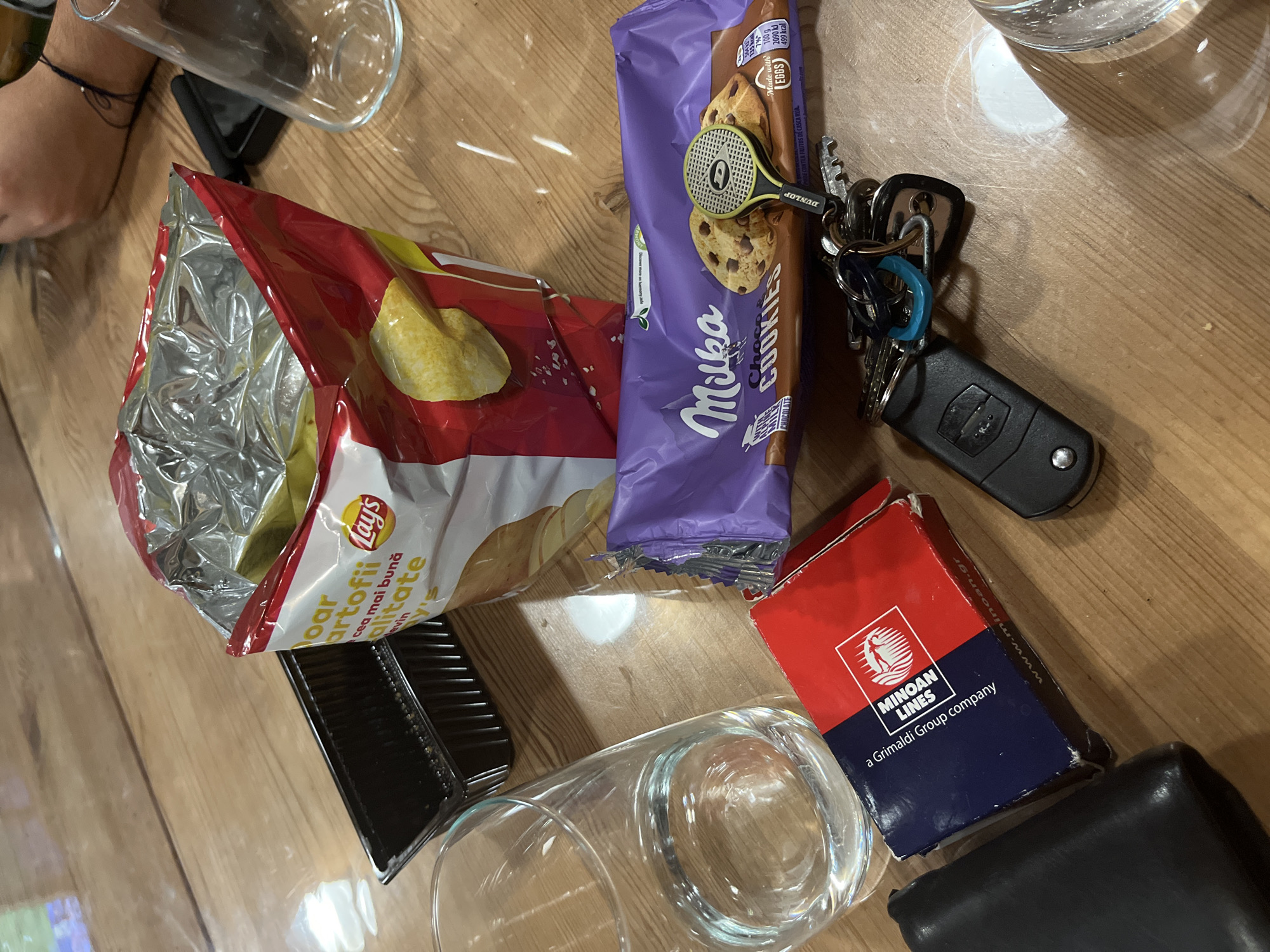 On a wooden table, several items are scattered around a glass of water. In the foreground, a black wallet, a set of keys with a small tennis racket keychain, and a red and blue box labeled "MINOAN LINES" are visible. Behind these, a purple package of "Milka Choco Cookies" is present, with a bag of Lay's chips partially open above it. A black plastic container sits to the left of the chips. The scene is set on a wooden table, suggesting an indoor setting. There is no indication of the specific location being Kazanlak, Bulgaria.