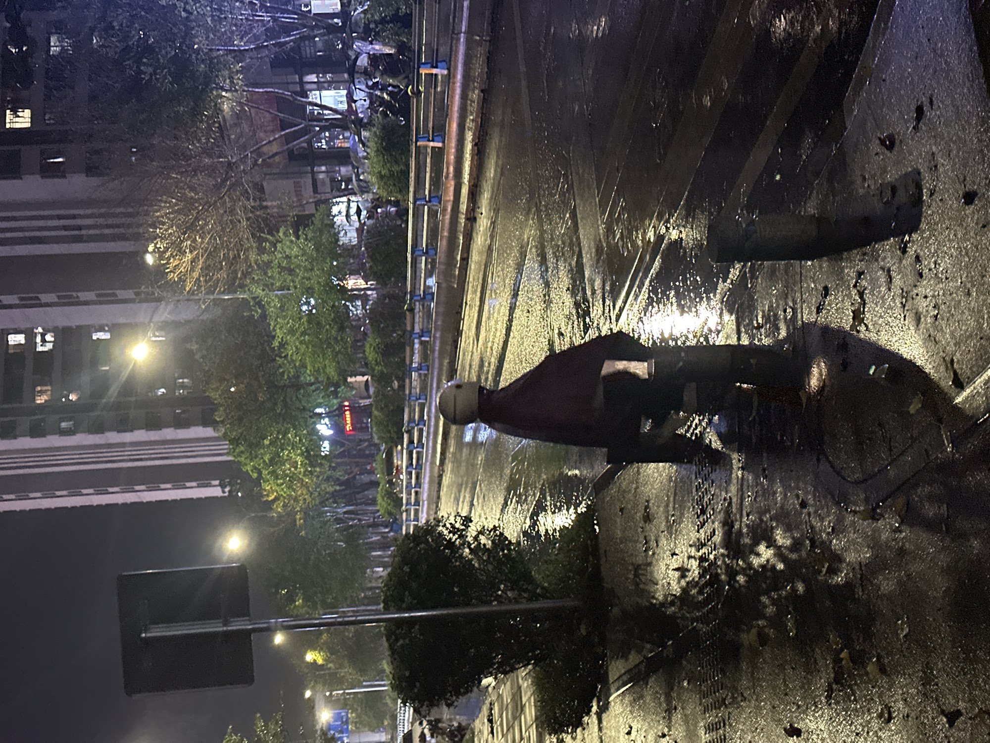 The image depicts a person on a scooter at night in Chongqing High-tech Zone, China. The scene includes a wet road surface reflecting city lights, buildings with illuminated windows, trees lining the street, and traffic barriers. A road sign is visible in the foreground.