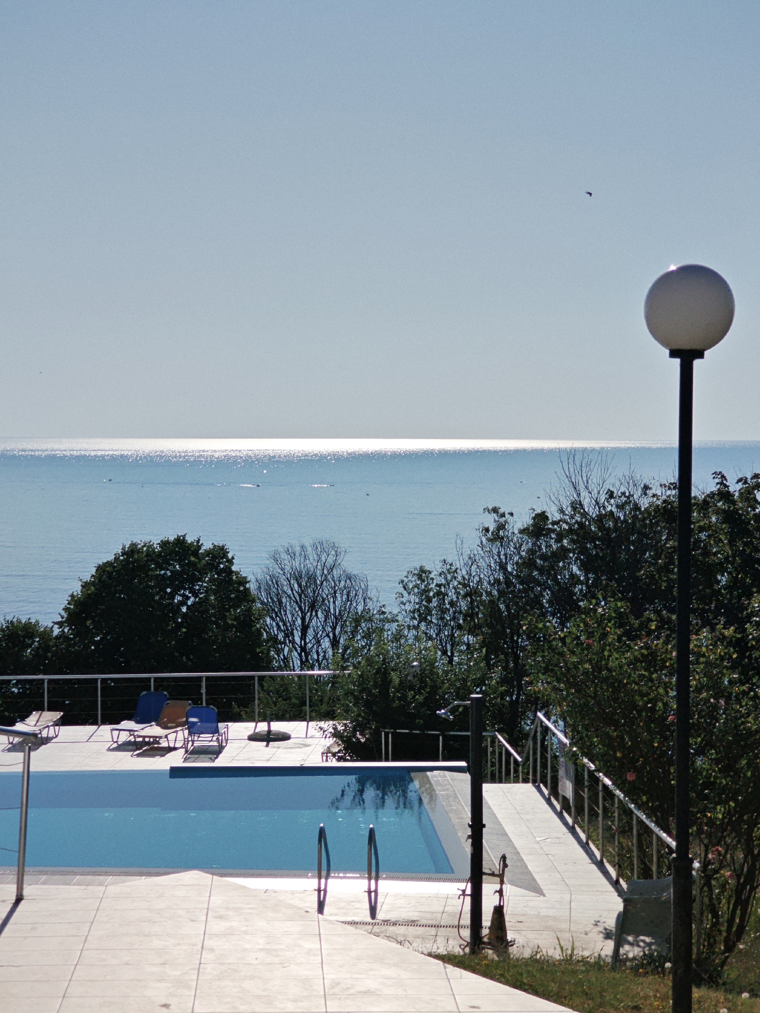 The image depicts an outdoor swimming pool area with a clear blue sky and the ocean in the background. The pool is rectangular and filled with blue water, with metal ladders providing access. The pool deck is paved with light-colored tiles. Several lounge chairs are visible around the pool area, some unoccupied and one occupied. A railing lines the edge of the pool deck. A lamppost with a white globe is present in the foreground. Lush green trees and bushes surround the area. The ocean stretches to the horizon, reflecting the bright sunlight. A single bird is visible in the sky. The location is described as being in Unknown, Unknown.