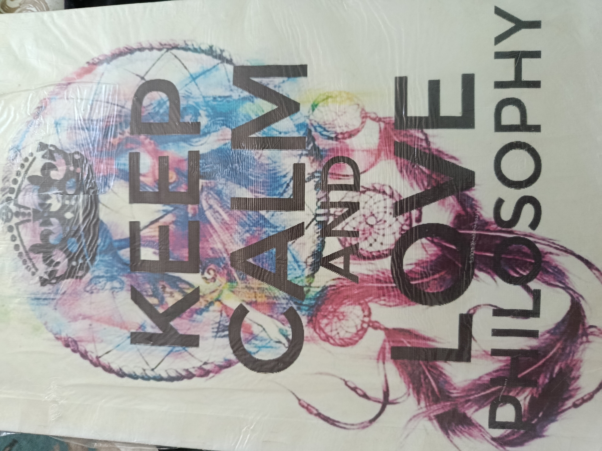 The image displays a motivational poster with bold, dark text overlaid on a colorful, dreamcatcher-themed graphic. The text reads "KEEP CALM AND LOVE PHILOSOPHY". The poster is wrapped in plastic. The image is a photograph taken in the city of Cahul, Moldova.
