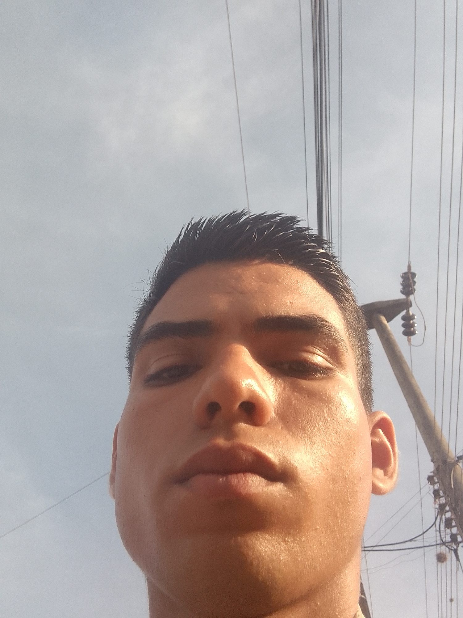 The image is a low-angle selfie of a young man. His hair is short, dark, and appears to be styled with product. His face is prominently featured, with attention drawn to his nose, lips, and eyes. His skin appears slightly shiny, possibly due to sweat or oil.
In the background, partially obscured by the man's head, there is a light-colored sky, with a light, thin overcast, along with electrical wires and a utility pole. The utility pole has insulators and other electrical hardware attached.
Given the request to identify the location as Juan Griego, Venezuela, this is consistent with an urban environment with overhead electrical infrastructure. However, nothing in the image definitively confirms this location without external information.