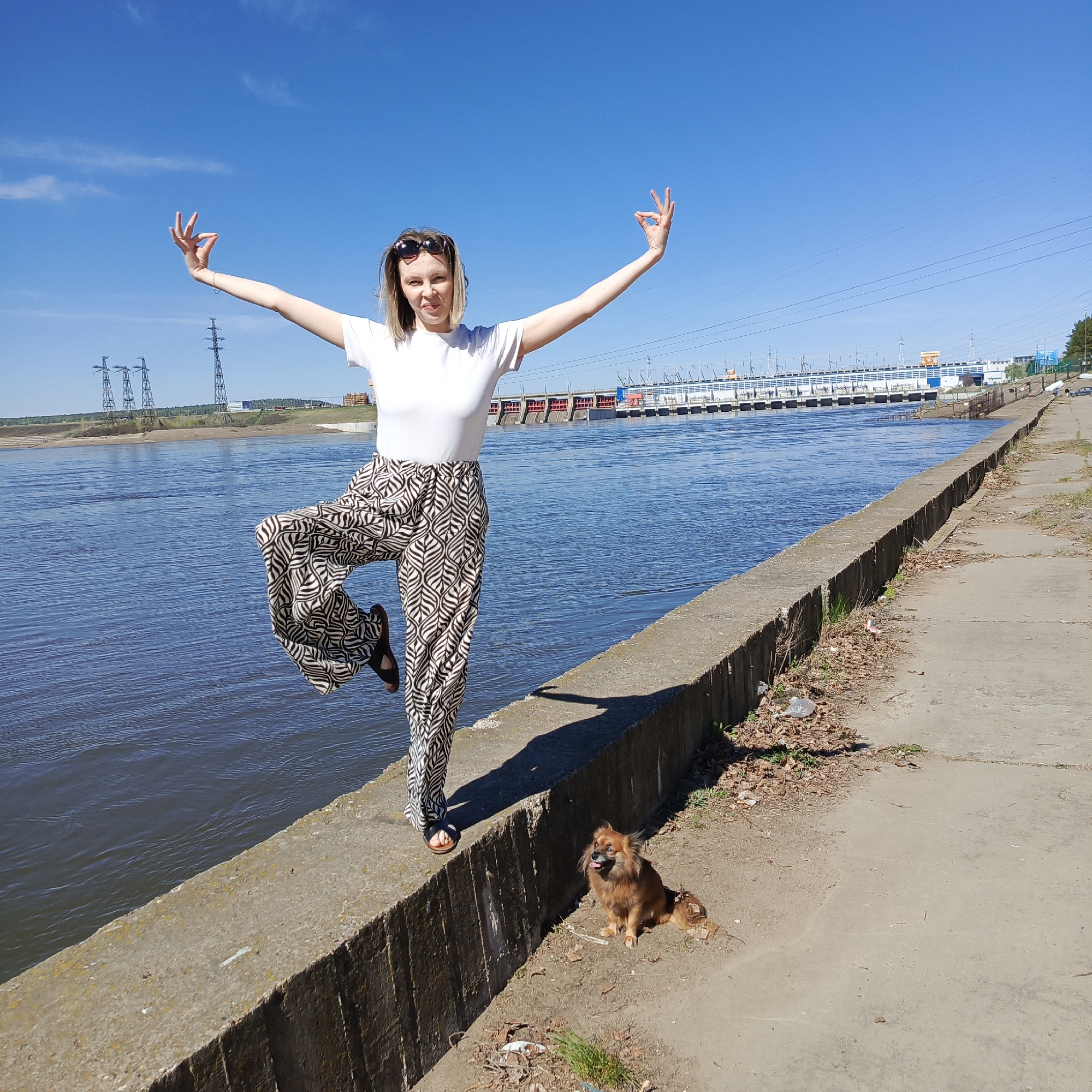 A woman stands in a yoga pose on a concrete wall next to a river in the city of Chaikovsky, Russia. She is wearing a white t-shirt and patterned pants and has her arms extended to the sides with her hands in a mudra. Her right leg is raised and bent at the knee. Sunglasses are on her head. A small, brown dog sits on the ground near her feet. In the background, the Kama River and the Votkinsk Hydroelectric Station are visible, as well as power lines on the opposite shore. The sky is clear and blue. The concrete wall is lined with debris and plants.