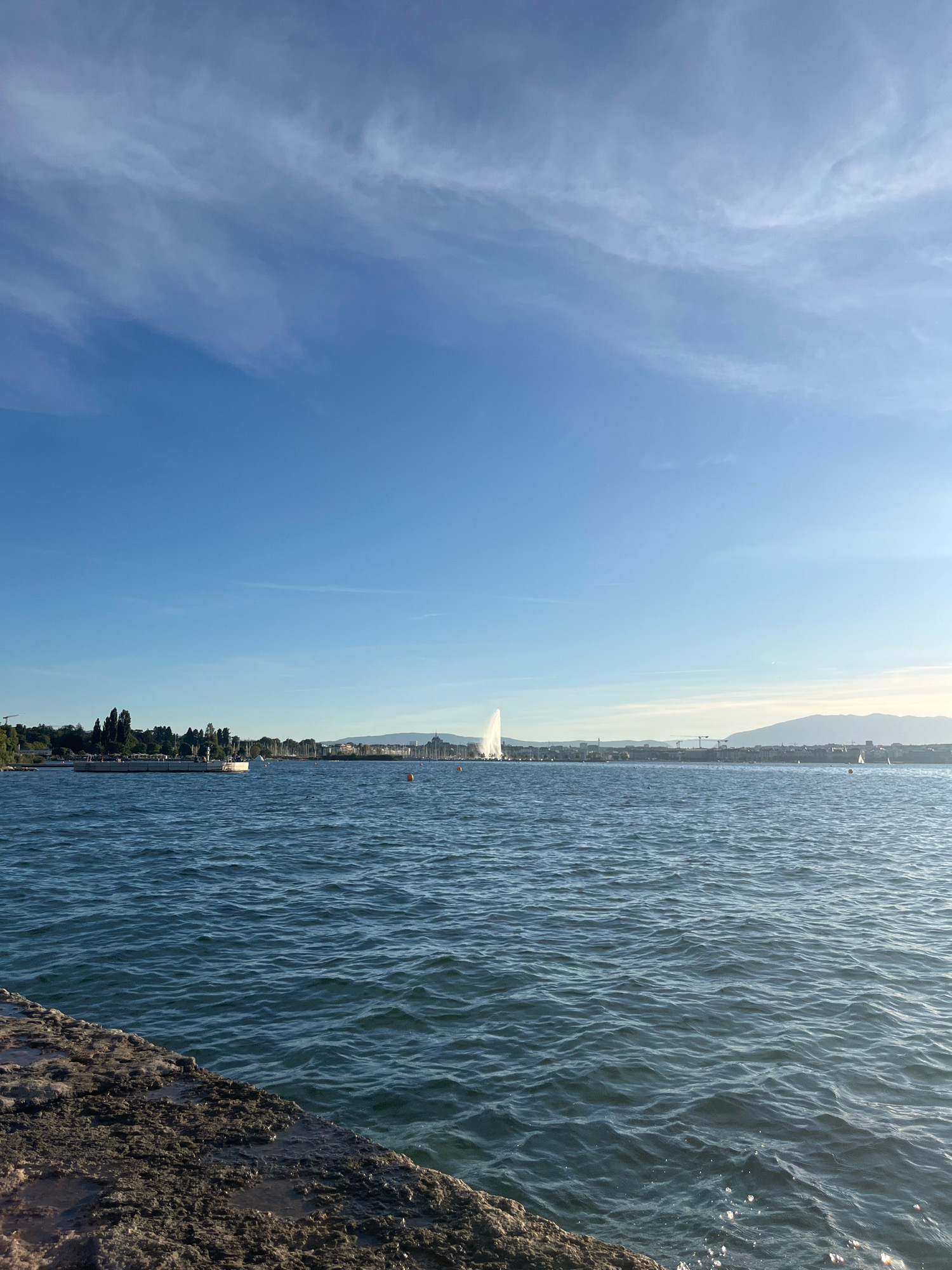The image shows a wide view of a large body of water under a bright blue sky with wispy white clouds. In the foreground, the textured surface of a rocky shoreline is visible on the left. The water is a deep blue with ripples, reflecting the sky. Across the water, a distant city skyline is visible, with buildings and trees lining the shore. A prominent water jet, known as the Jet d'Eau, is seen spraying high into the air in the middle of the water, indicating this is likely Geneva, Switzerland. Several boats are scattered across the water, and a large barge or industrial vessel is positioned near the left side of the frame. In the far distance, mountains can be seen. The scene appears to be set in the late afternoon or early evening, given the lighting. The location is likely the shore of Lake Geneva in Cologny, Switzerland, with the Jet d'Eau in Geneva visible in the distance.