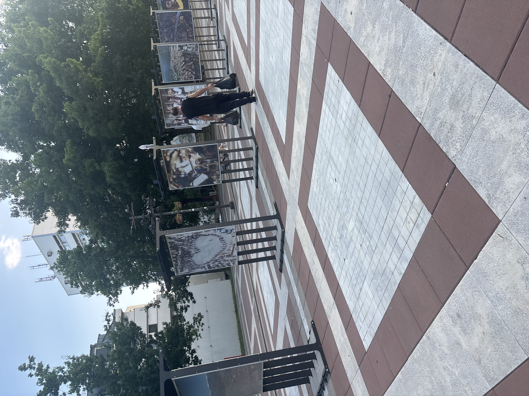 The image captures an outdoor public square in Blagoevgrad, Bulgaria, under bright daylight. The ground is paved with a repeating geometric pattern consisting of light grey square tiles bordered by reddish-brown rectangular tiles. A series of dark-framed vertical display stands, arranged in rows, forms an outdoor photography exhibition across the square. Each stand holds a large photographic print; specific images include a grayscale landscape on the left, a black-and-white photograph of numerous people forming a heart shape, people in traditional attire, an aerial cityscape, and portraits.
A man is observed from behind, walking towards the right across the patterned pavement. He wears a plain black short-sleeved t-shirt with a subtle light-colored pattern on the sleeves, dark trousers, and dark athletic shoes. He carries a black plastic bag in each hand. Indistinct figures of other people are visible further in the background, near the photo displays.
The background is dominated by numerous green-leafed trees lining the perimeter of the square. Beyond the trees, light-colored multi-story buildings are visible; one building on the right features multiple antennas on its roof. A clear plastic water bottle rests on top of one of the central display stands. A dark ornamental pole with two hanging flower baskets is present on the far right. The sky is clear blue with one small white cloud in the upper right quadrant.
