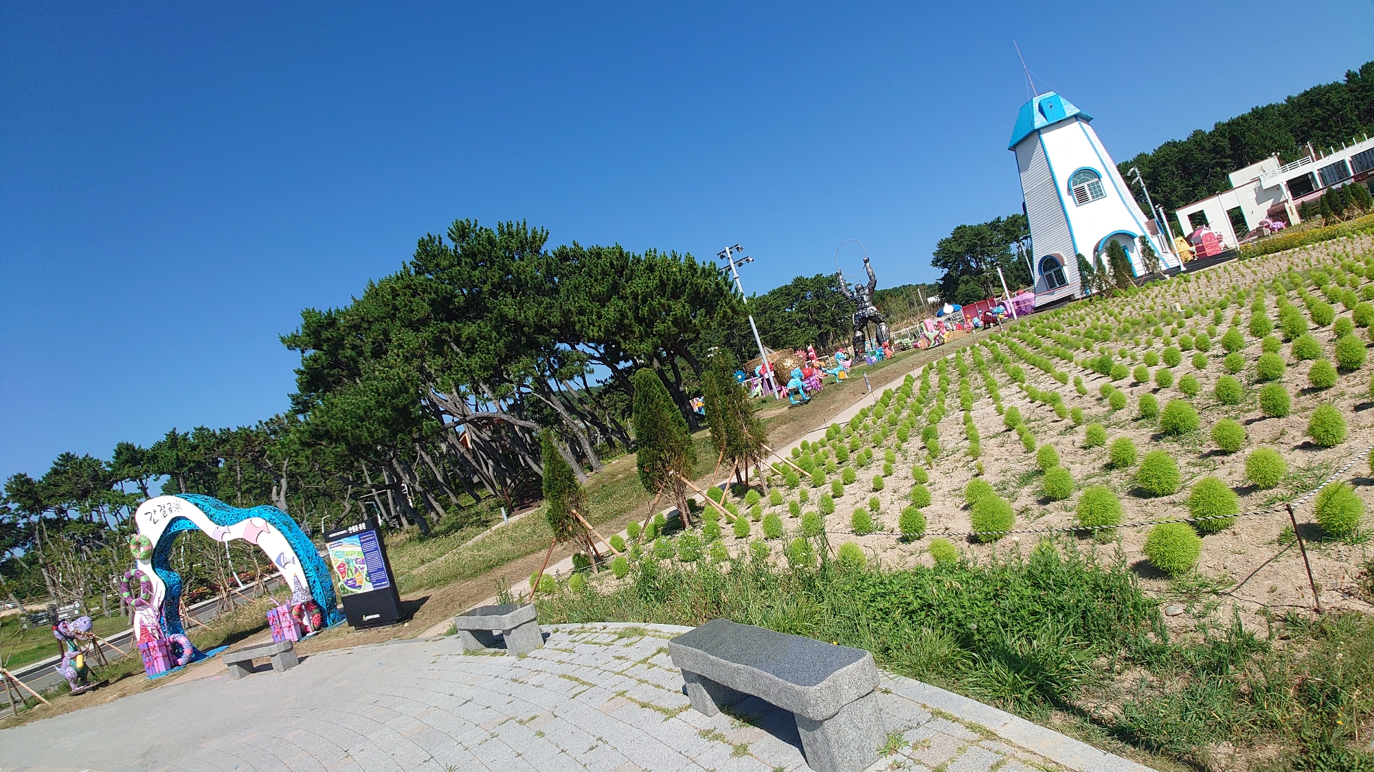 This is a photograph of a park in Ulsan, South Korea, likely taken on a sunny day. The image features a clear blue sky and a landscape with trees and manicured bushes. In the foreground, there is a paved walkway with two stone benches. To the left, there is a large, colorful, archway-like sculpture with blue, white, and pink wave-like patterns. Beyond the archway, a tall signpost stands.
In the mid-ground, a field of evenly spaced, round, green bushes stretches diagonally across the frame. Behind these bushes, a slender, white tower with a blue roof and windows is visible. The tower resembles a lighthouse or a whimsical building. Further back, a line of mature trees with dark green foliage dominates the left side of the image. Scattered among the trees and bushes are various colorful, cartoonish statues and figures, suggesting a whimsical or themed park. In the background, more trees form a dense forest, and buildings with white facades and roofs are present on a slight incline. The overall impression is a well-maintained outdoor recreational area with artistic installations.