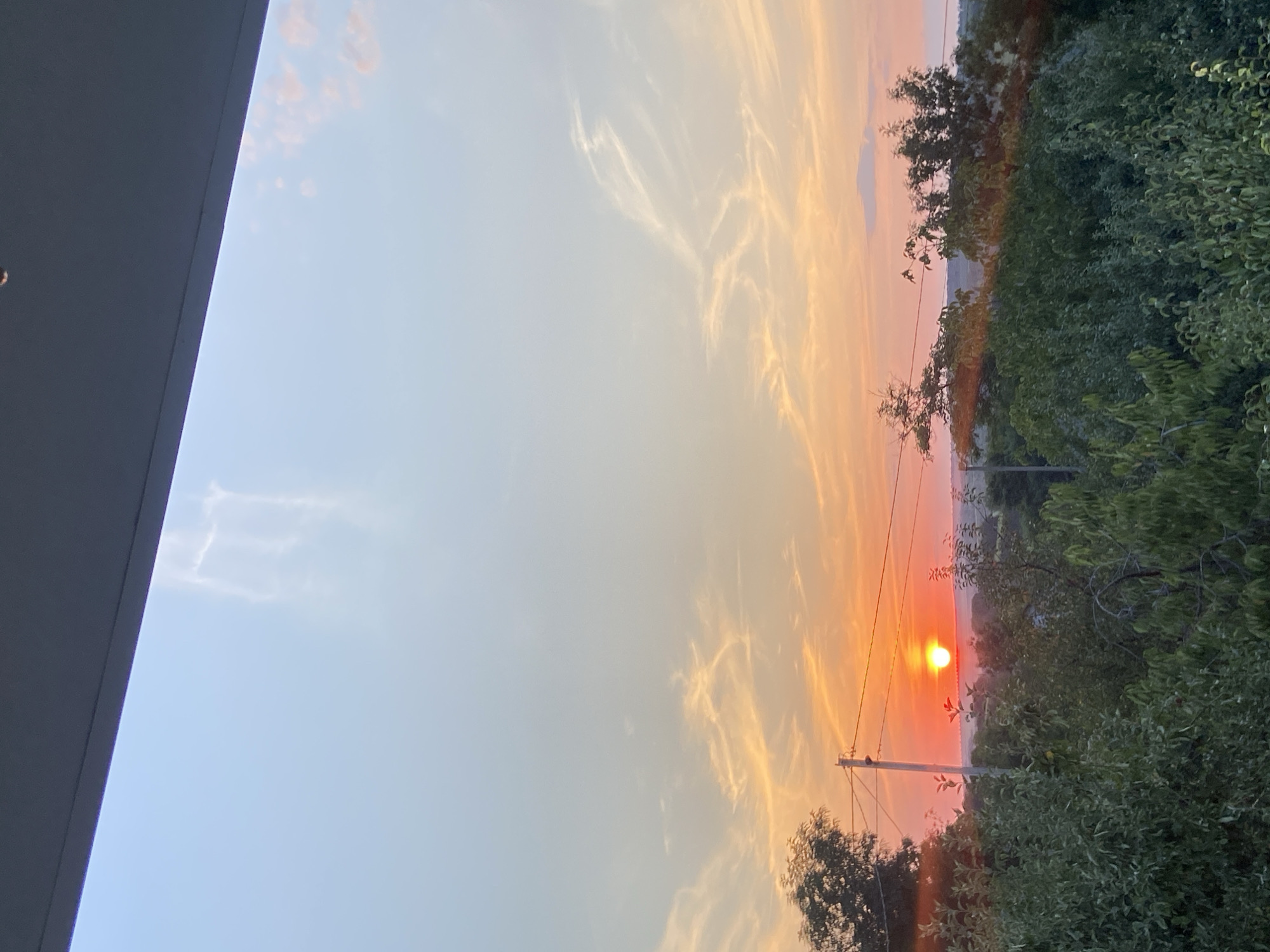 A vertical, eye-level shot captures a sunset over a semi-rural landscape. A dark, angled overhang frames the top of the image. The sky transitions from a pale blue at the top to a warm gradient of orange and yellow near the horizon. Wispy, light-colored clouds are scattered across the sky, with some appearing denser and more textured than others.
The sun, a bright orange orb, is setting near the left side of the horizon, casting a warm glow on the surrounding sky and clouds. A power line extends horizontally across the middle of the frame, supported by a utility pole visible to the left of the sun.
In the foreground, a dense array of green trees and foliage fills the lower portion of the image. The leaves appear lush and varied in shade, suggesting a natural or overgrown area. The overall scene evokes a peaceful, natural setting during twilight. There are no people or animals visible in the image.