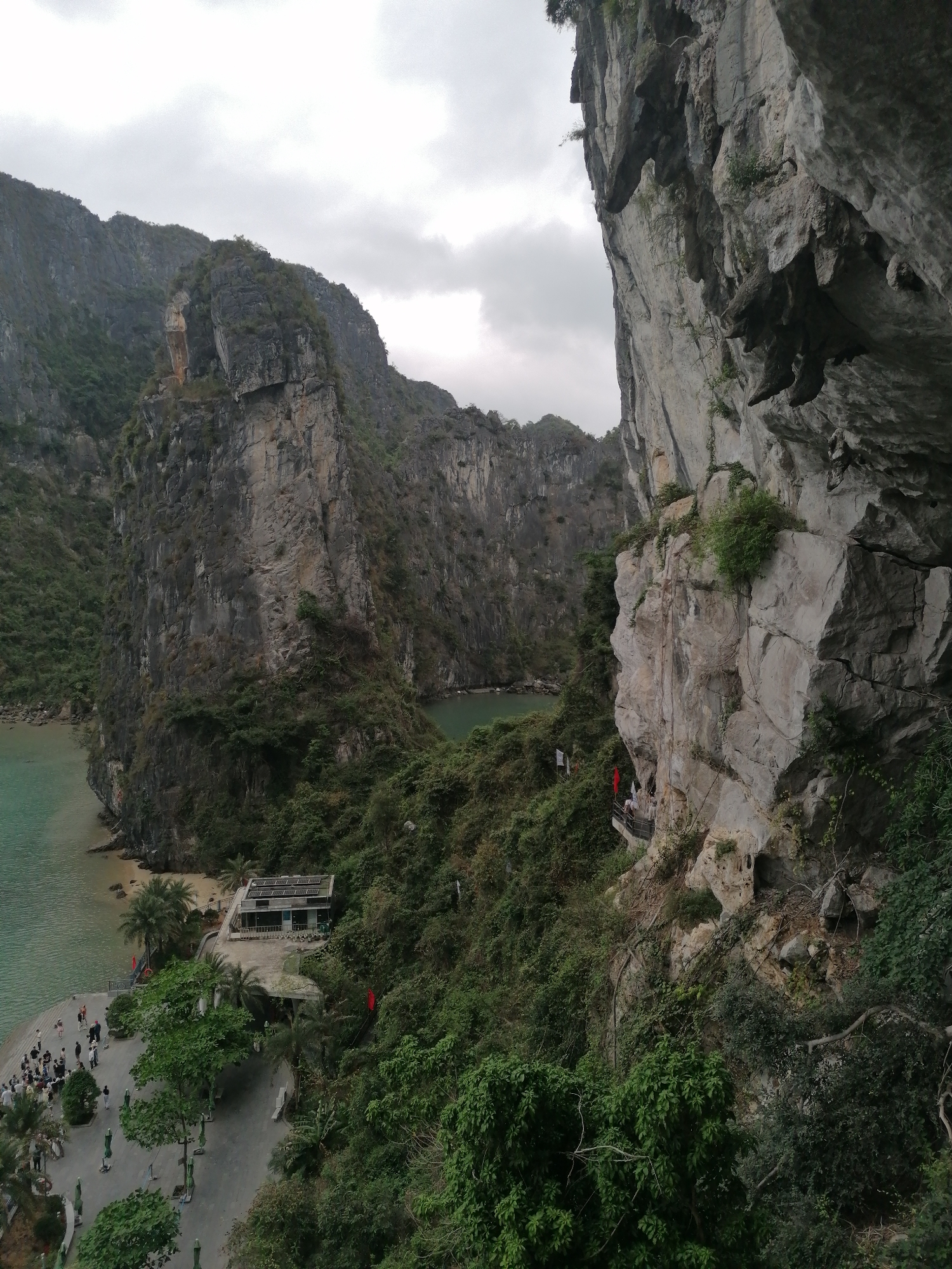 This panoramic image captures a breathtaking view of a towering limestone karst landscape in what appears to be Ha Long Bay or a similar area near Hồng Gai, Vietnam, under an overcast sky.
The scene is dominated by immense, steep, grey-green cliffs covered in dense, lush vegetation. On the far right, a massive rock face descends sharply, partially obscuring the view below. Built into this cliff is a narrow, elevated walkway or viewing platform, where a small group of people can be seen, hinting at an accessible tourist attraction.
At the base of the cliffs on the left, a vibrant, greenish-blue body of water meets a small sandy beach. Adjacent to the beach is a paved area or promenade lined with trees and small umbrellas, where several groups of people are gathered. Further back from the water, a modern-looking, light-colored building with solar panels on its roof stands amidst the greenery. Red flags are intermittently placed on the cliffs and near the building, possibly serving as markers or decorations.
In the middle distance, another tranquil, emerald-green inlet or lagoon is nestled between the imposing rock formations. The distant mountains are also rugged and heavily forested.
The sky is a uniform, light grey, indicating an overcast day with diffused lighting, which casts a soft, muted tone over the entire landscape. No specific activities beyond general tourism and exploration are discernible, with people casually walking and observing their surroundings. No legible text is visible in the image.
