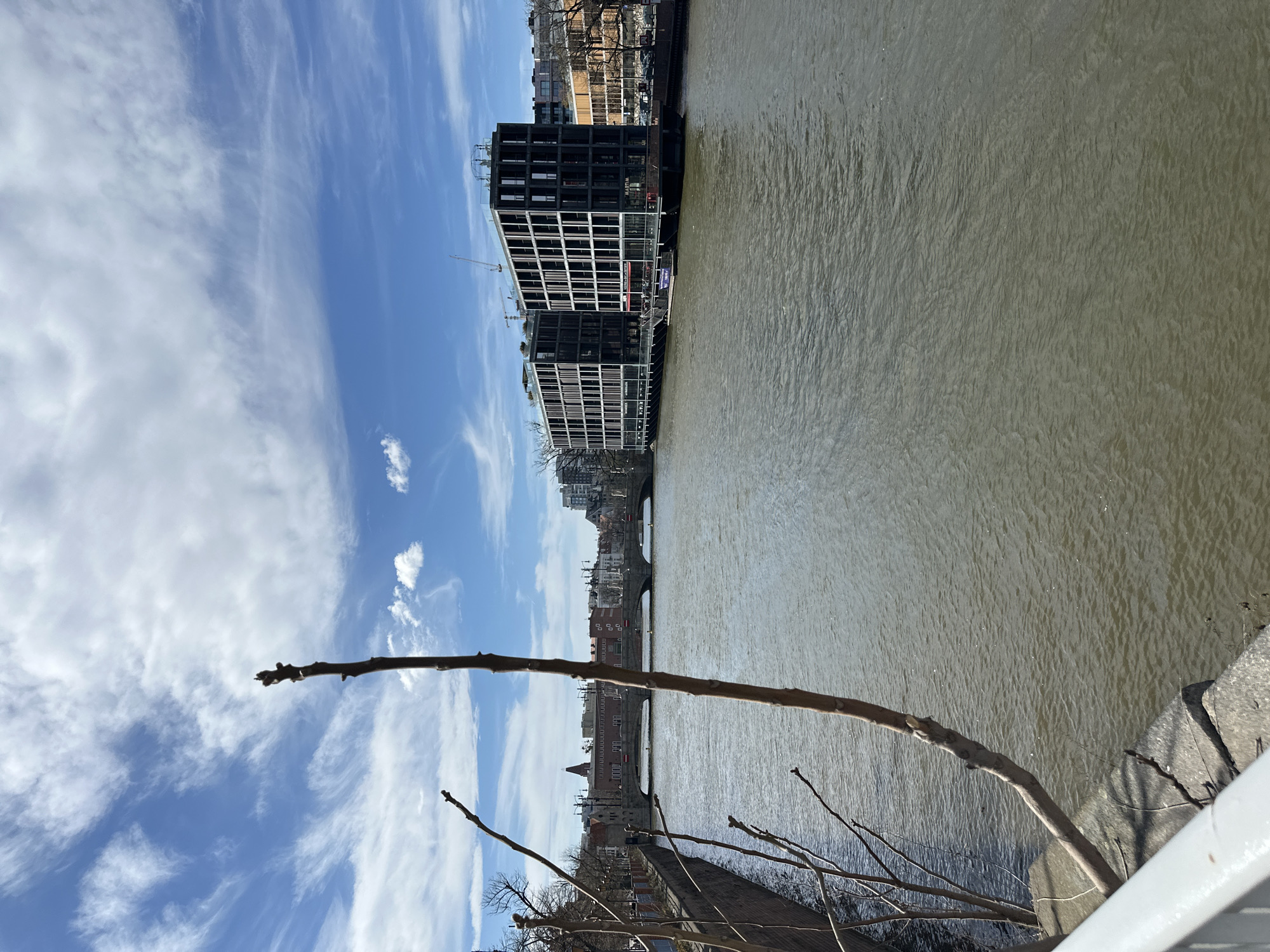 The image shows a view of the Oder River in Wrocław, Poland, on a sunny day with a blue sky and wispy clouds. The river flows from the top right to the bottom center of the frame, its surface reflecting the sunlight. On the left side of the river, a modern, black-framed building with large windows is visible. Other buildings of varying heights and architectural styles can be seen further down the river.
In the foreground, a tree branch extends diagonally across the lower part of the image, with small buds indicating the beginning of spring. A concrete wall and a white railing are also visible in the immediate foreground, suggesting the photo was taken from a bridge or elevated position.