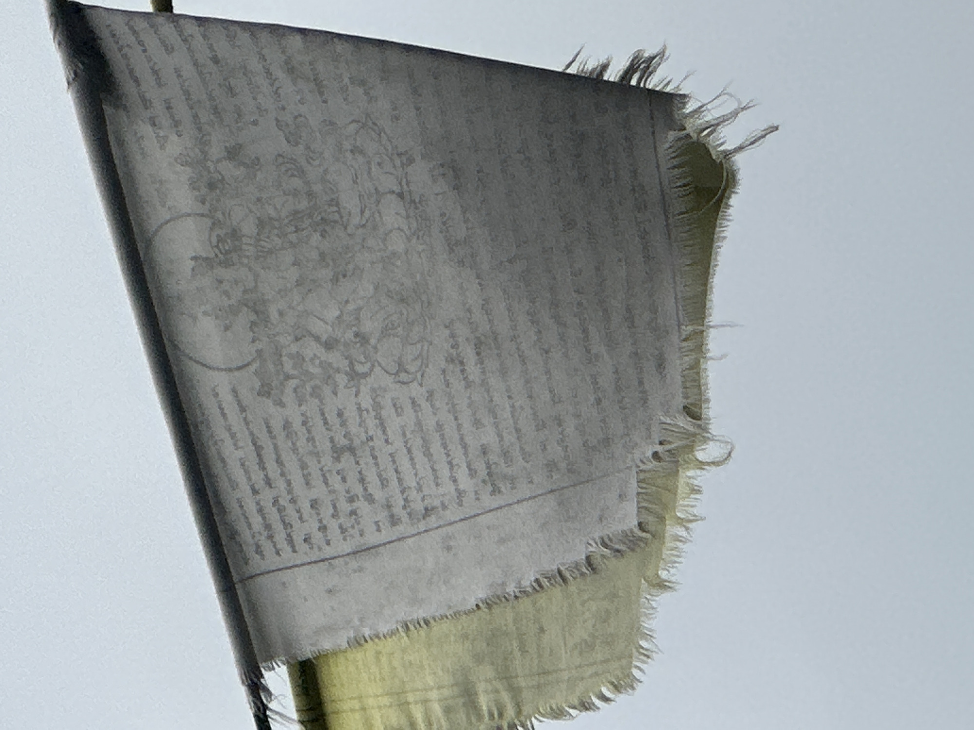 In Bhagsu, India, prayer flags hang against a pale, overcast sky. The flags are made of fabric and have a faded, weathered appearance, with frayed edges suggesting prolonged exposure to the elements. The flag in the foreground is predominantly grey and features printed text in a script that is likely Tibetan, interspersed with what appears to be a patterned image of a deity or spiritual figure. Another flag, visible underneath and to the left, is a muted yellow or ochre color, also showing signs of wear and tear with shredded fabric along its lower edge. The flags are suspended from a dark horizontal rod or cable, which runs across the top of the image. The overall scene is one of quiet, spiritual ambiance, indicative of a place of worship or a culturally significant location in the region.
